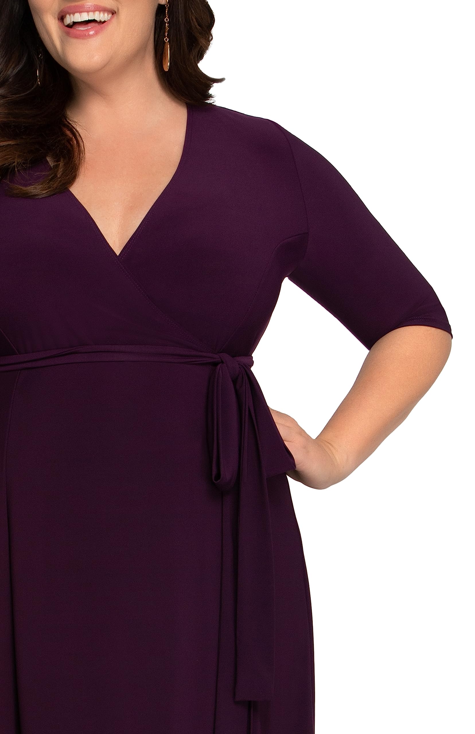 Kiyonna Plus Size Essential Midi Wrap Dress with Sleeves | Flattering Women's Formal & Casual Dress for Cocktail Party, Wedding Guest, Office Work & Special Occasions