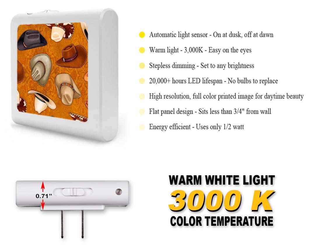 Dimmable LED Night Light with Auto On/Off Sensor - Adjustable Brightness Warm White for Bathroom, Hallway, Nursery & Bedroom - Cowboy Hat Design (Image by Dan Morris) - Perfect for Nighttime Safety & Comfort
