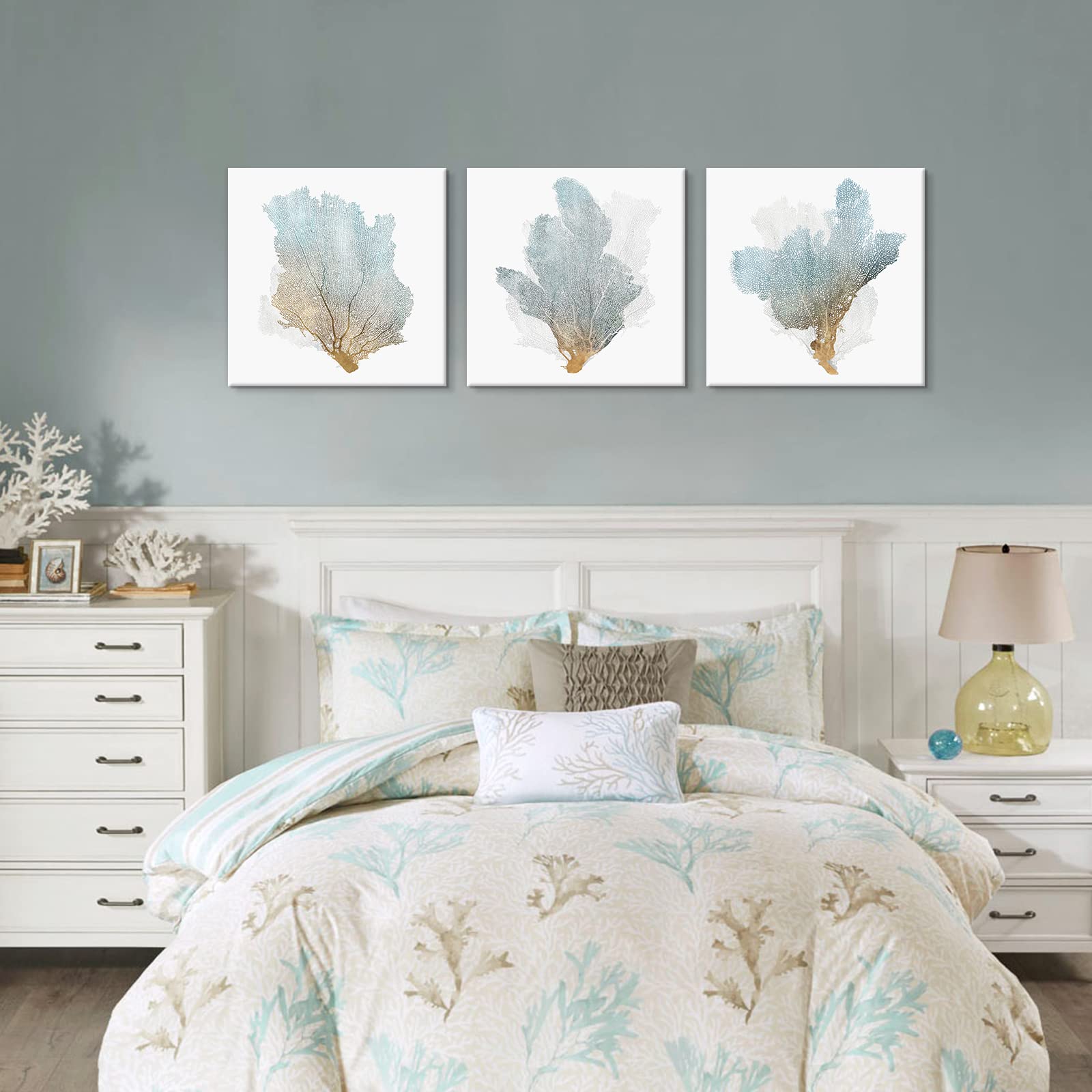 JAPO ART 3-Piece Framed Coral Wall Decor - Coastal Nautical Sea Fan Prints (16x16 Inches) for Bathroom & Bedroom - Beach House Decor, Ocean-Themed Home Accents | Perfect for Coastal Living Rooms, Spa Bathrooms & Seaside Bedroom Design