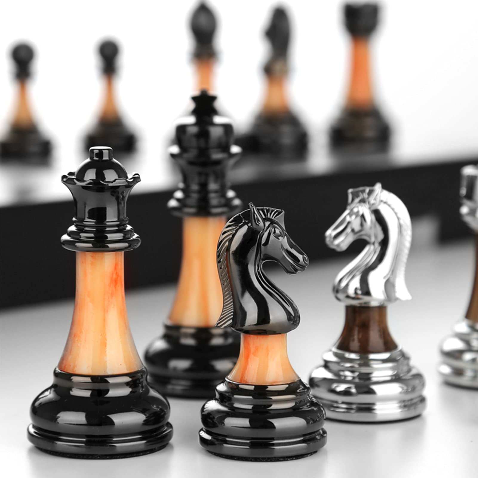 Premium Metal Chess Set for Adults & Kids - Luxury Folding Wooden Chess Board with Zinc Alloy & Acrylic Pieces - Portable Travel Chess Game Set for Home, Office, Park & Gifts - Strategy Board Game for Family & Friends