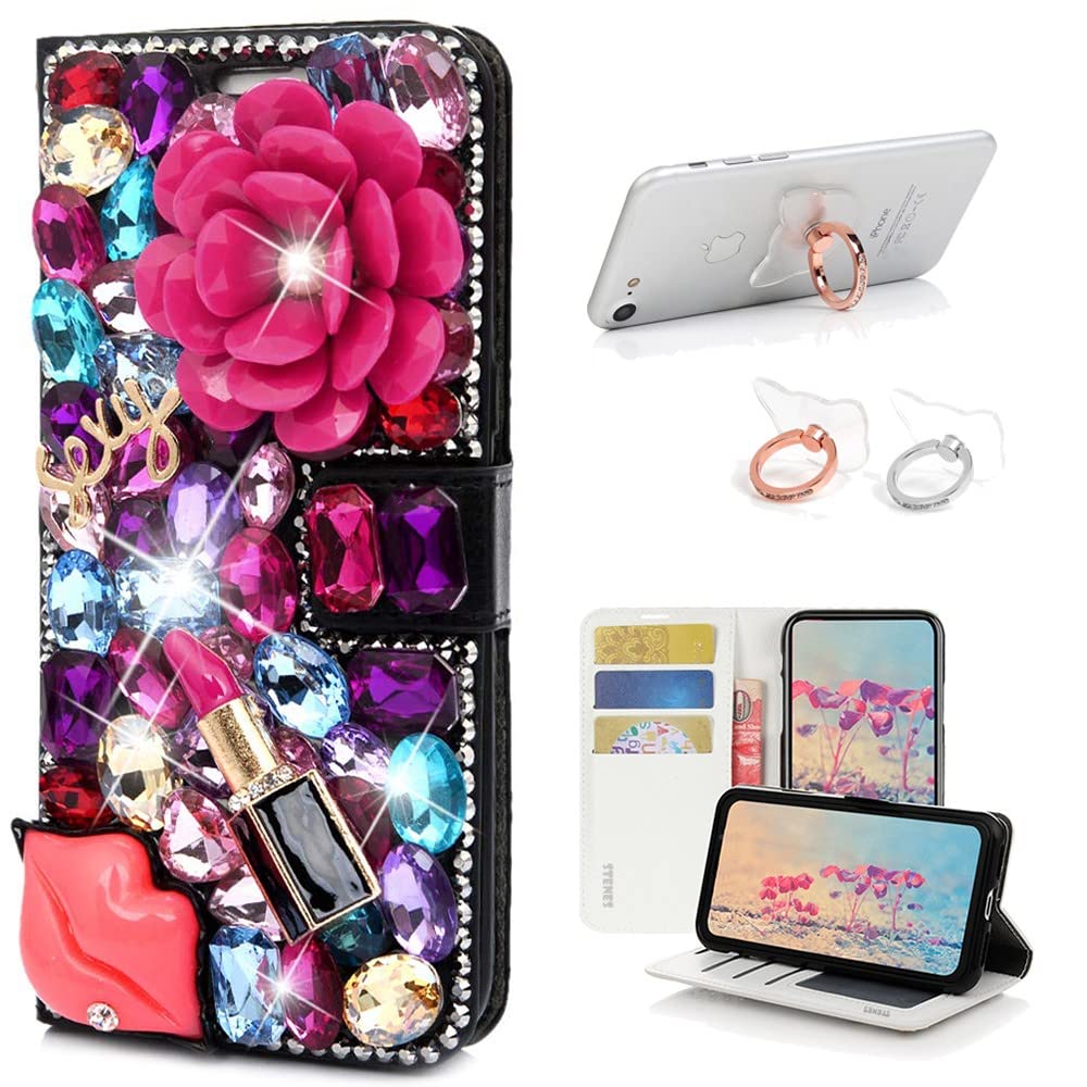 STENES Bling Wallet Phone Case for OnePlus 8 - 3D Crystal Rose & Lipstick Design Magnetic Leather Cover with Ring Stand Holder [2 Pack, Red] - Perfect for Parties, Dating & Everyday Use