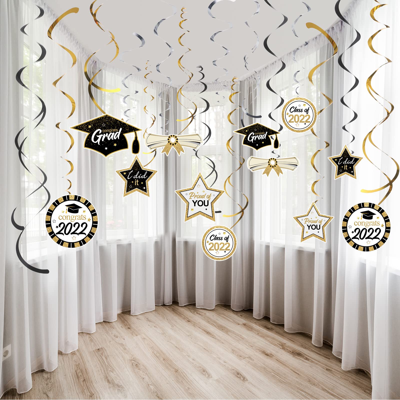 48-Piece Graduation Party Decorations Kit 2022 - Black Hanging Swirls, Congrats Grad Foil Ornaments, Ceiling Decor for Class of 2022 | Perfect for High School & College Graduation Parties, Commencement Celebrations & Grad Photo Backdrops