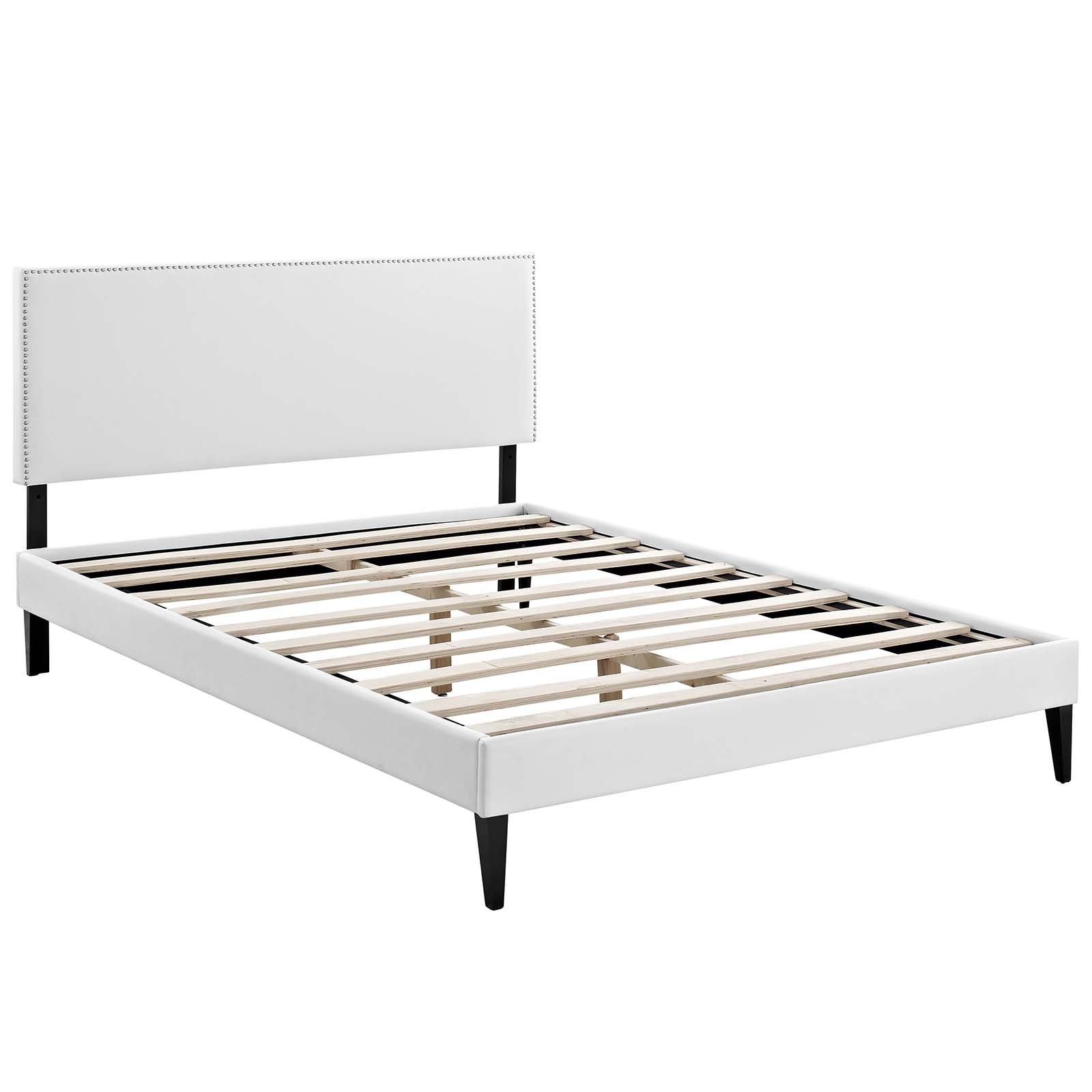 Modway Macie White Faux Leather Upholstered Full Size Platform Bed Frame with Tapered Legs - Modern Bedroom Furniture for Small Spaces & Guest Rooms