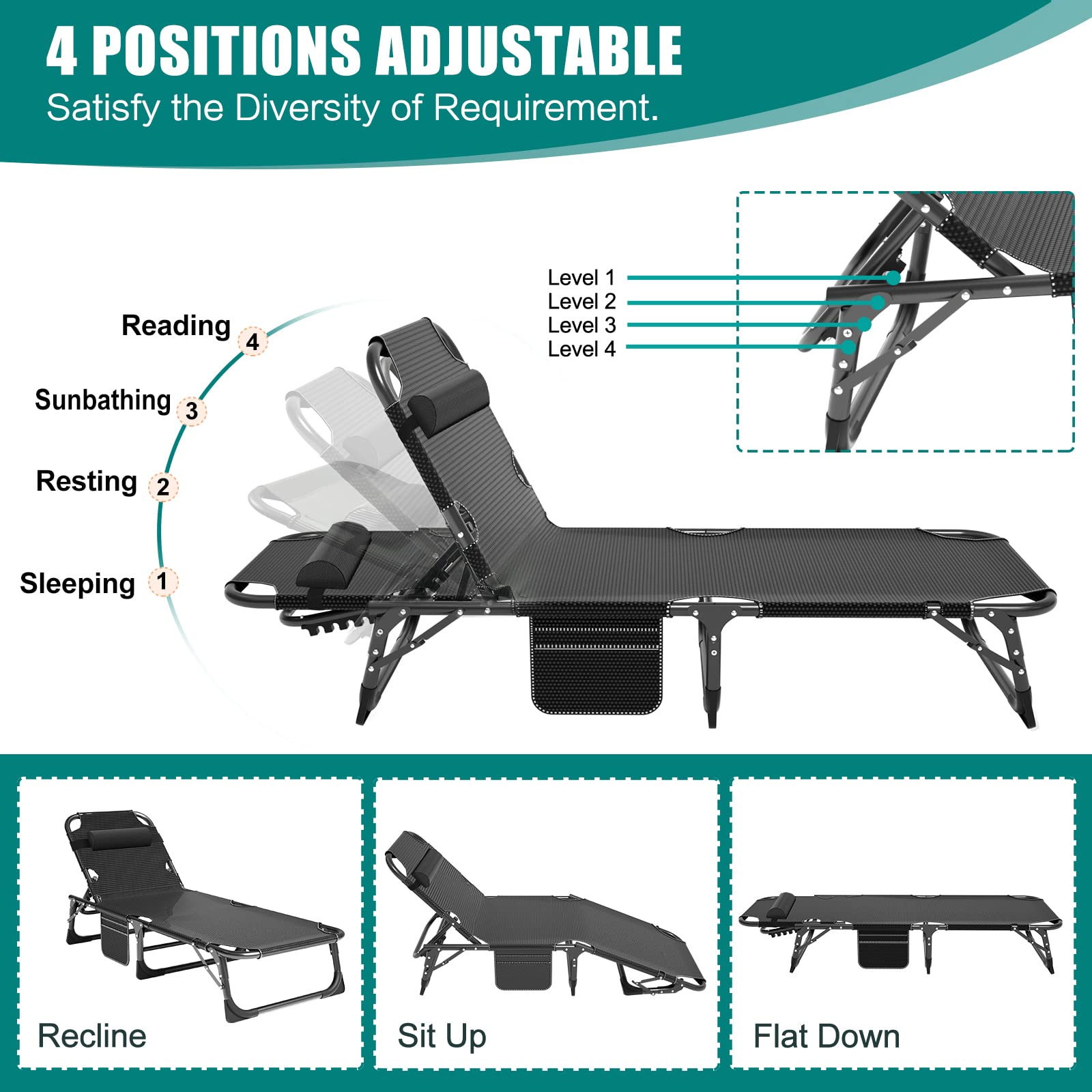 DoCred 5-Position Adjustable Folding Lounge Chair with Mattress - Portable Sleeping Bed Cot for Camping, Beach, Pool, Patio & Sunbathing | Perfect Outdoor Relaxation, Travel & Backyard Lounging
