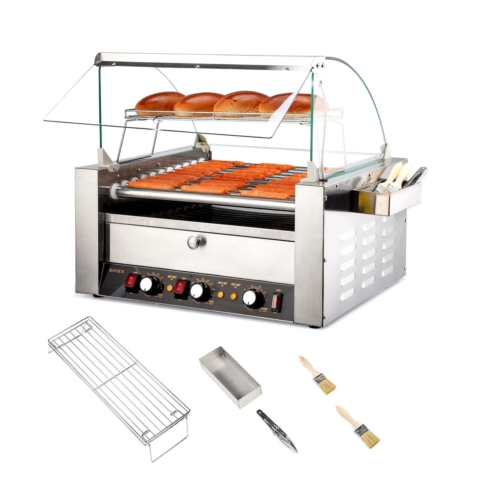 ROVSUN 11-Roller Commercial Hot Dog Roller Grill Machine with Bun Warmer - 2000W ETL-Certified, Dual Temperature Control, LED Light, Removable Shelf & Drip Tray - Perfect for Parties, Home Use, and Food Trucks