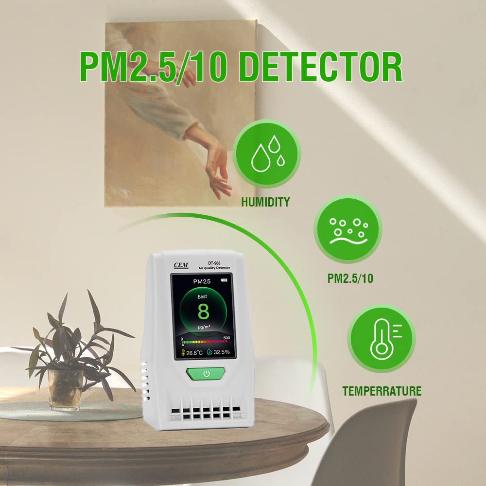 **CEM Air Quality Monitor - Accurate PM2.5 PM10 Detector with Humidity & Temperature Sensor | Real-Time Data & Mean Value Recording | Ideal for Indoor Air Quality Testing, Home, Office & School**