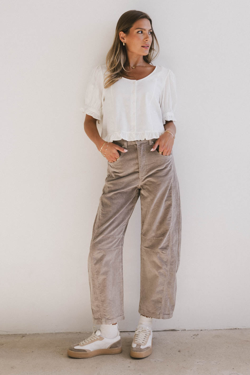 Lisette Women's Tan Corduroy Barrel Jeans - High Waisted Stretch Denim Pants for Casual & Work Wear - Final Sale