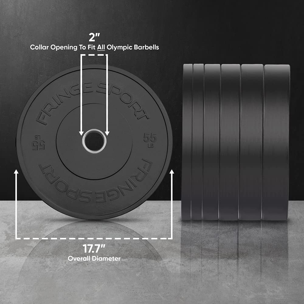 FringeSport Black Bumper Plates Set - Olympic Weight Plates for CrossFit & Strength Training - High-Quality Rubber Weight Plates with Steel Insert (10lb-460lb) - Perfect for Home Gym, Commercial Gym & Weightlifting Competitions