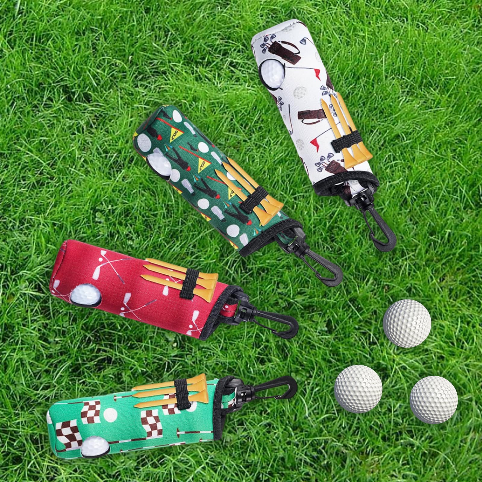 4-Piece Golf Ball Tee Holder Set - Portable Golf Ball Carry Bag Pouch & Keychain Belt Clip - Ideal Golf Gifts & Accessories for Women & Girls - Perfect for Driving Range, Course Play & Travel