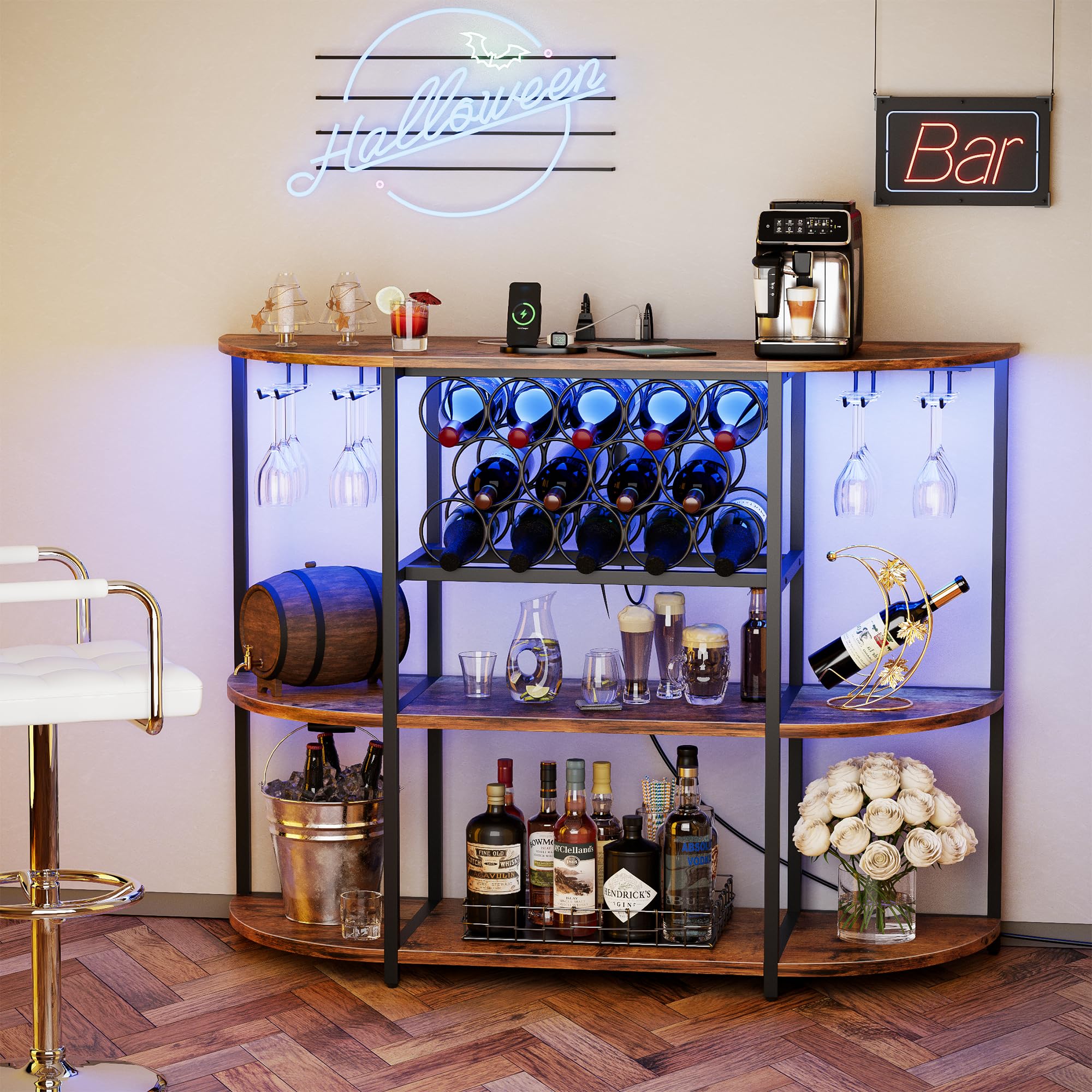 VICTONE Freestanding Wine Bar Cabinet with LED Lights & Power Outlets - Modern Liquor Storage with Glass Holder & Wine Rack - Perfect for Home, Kitchen, Dining Room - Ideal for Entertaining Guests & Displaying Your Wine Collection
