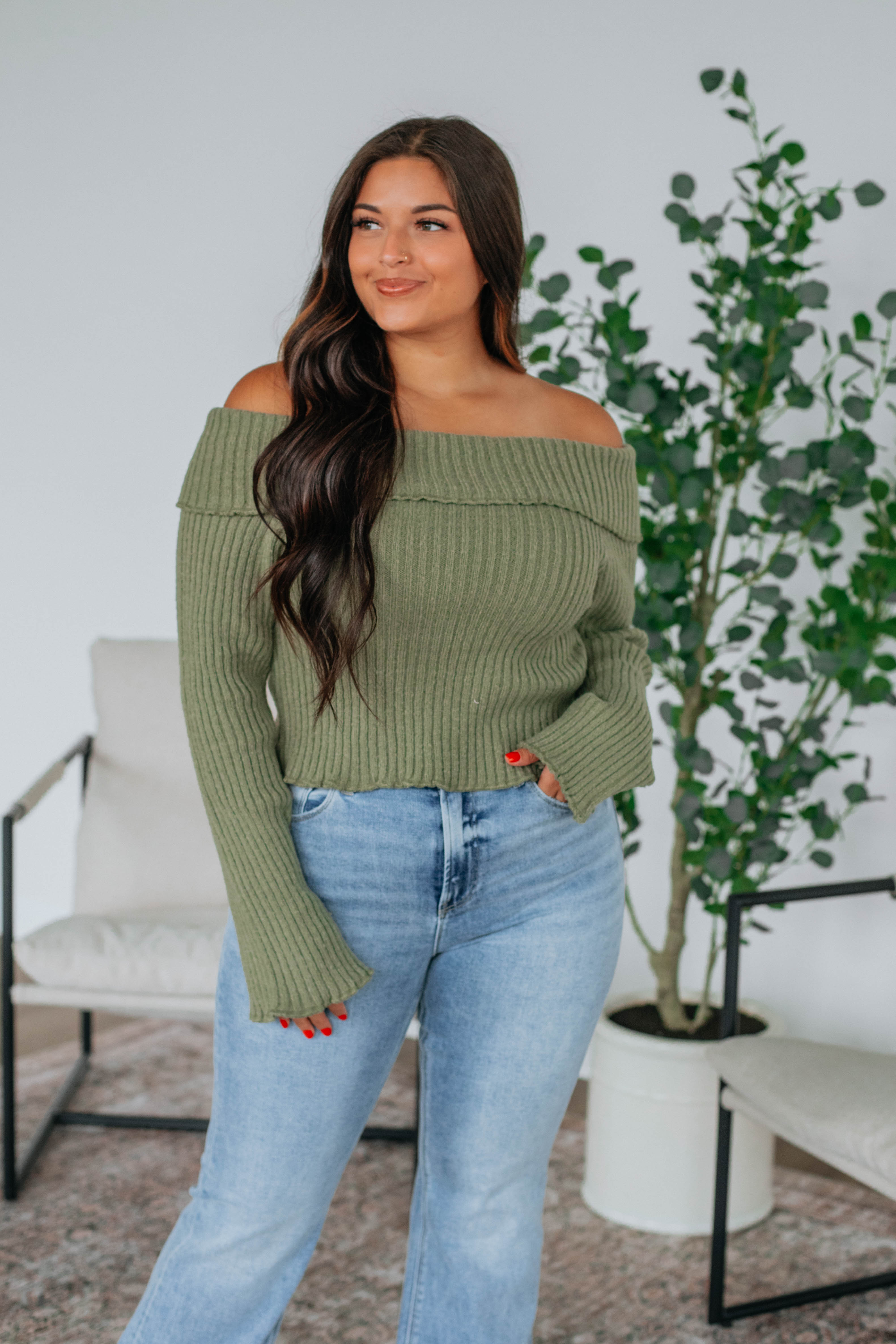 Elaine Off Shoulder Sweater for Women - Olive Green Knit Pullover | Casual Fall & Winter Fashion | Perfect for Dates, Parties & Cozy Nights
