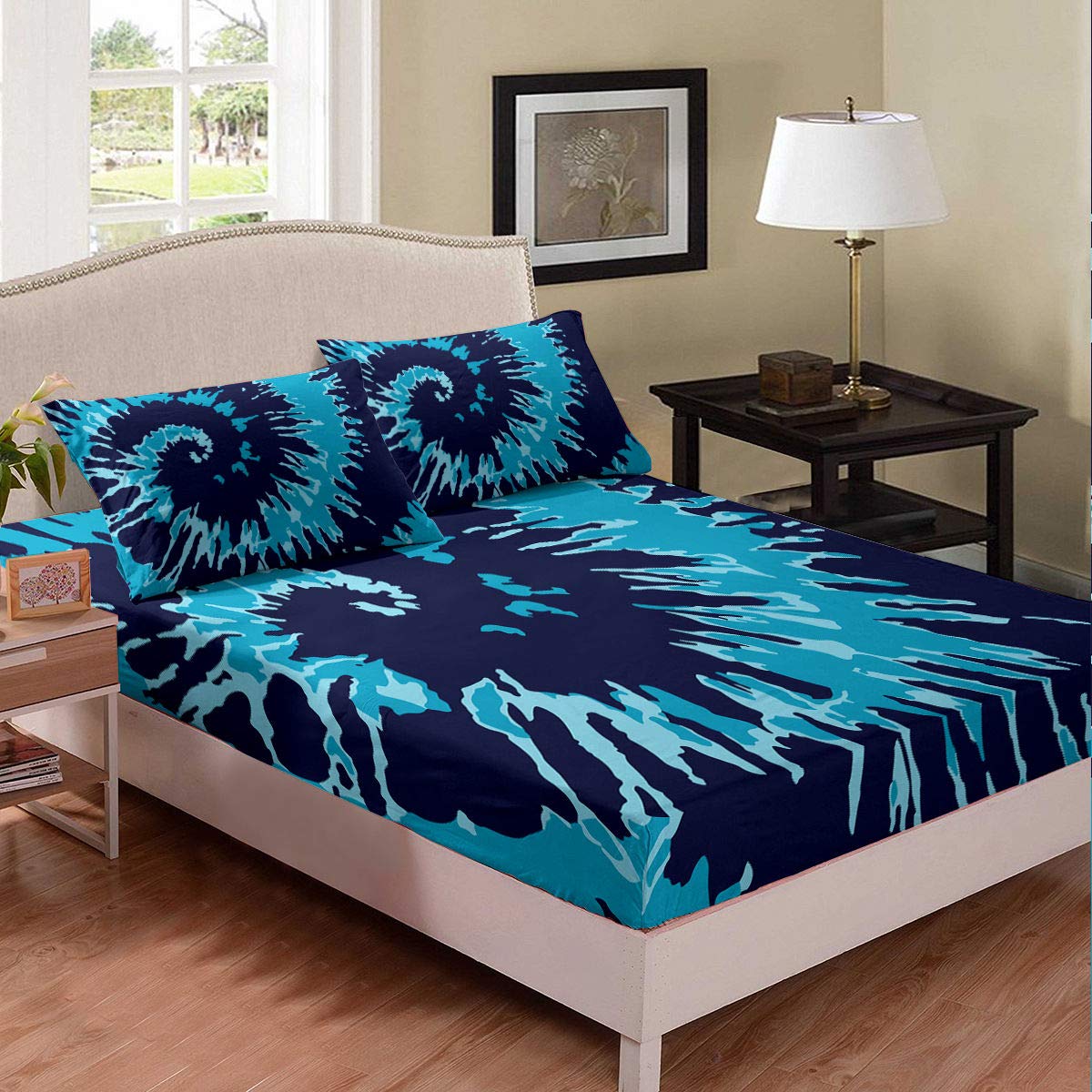 Erosebridal Batik Fitted Sheet Set - Mandala Tie Dye Spiral Design, Blue Abstract Art Bedding for Kids, Teens, Adults (Twin Size, 1 Fitted Sheet + 1 Pillowcase) - Perfect for Boho Bedrooms, Dorm Rooms & Guest Beds
