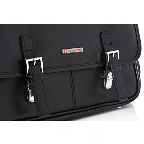 Premium Alpine Swiss Leather Briefcase for Men - Stylish Double Buckle Flap Over Business Bag in Black - Perfect for Office, Meetings & Professional Work