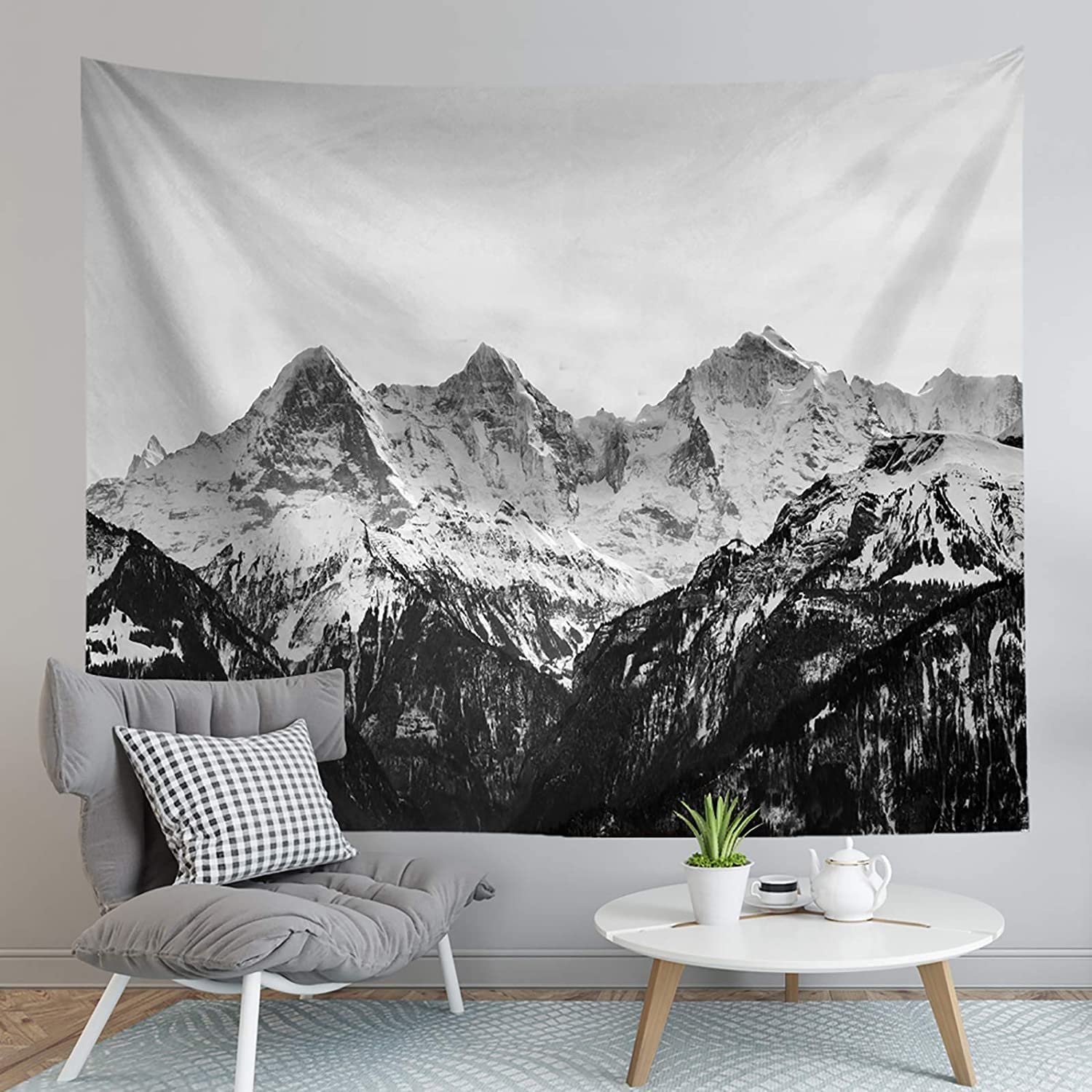 Gud Decor Black and White Snow Mountain Tapestry - 90x80 Inches King Size Wall Hanging for Living Room, Bedroom & Dorm - Nature Scenery Home Decor for Cozy Spaces & Meditation Rooms