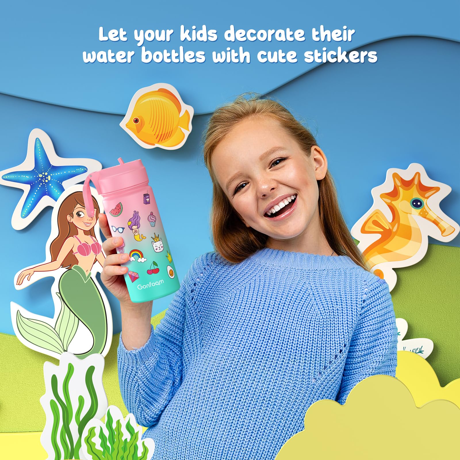 16oz Kids Water Bottle with Stickers for School - Leak Proof & BPA Free, Pink & Green Options, Perfect for Classrooms, Sports & Outdoor Activities