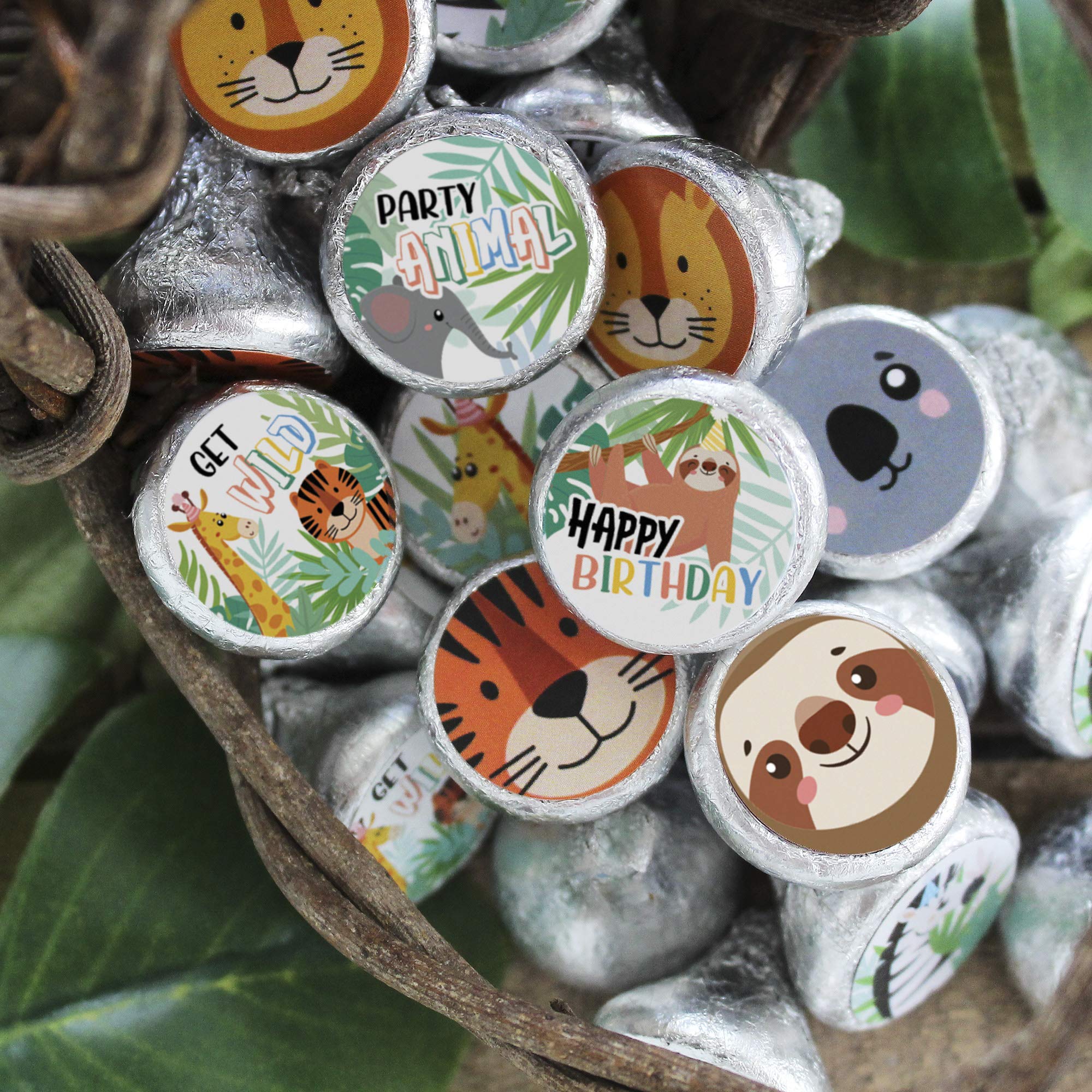 Wild Jungle Birthday Party Favors - Chocolate Kisses Candy Stickers & Party Animal Decorations (180 Labels) - Perfect for Kids Birthday Parties, Baby Showers & Themed Events