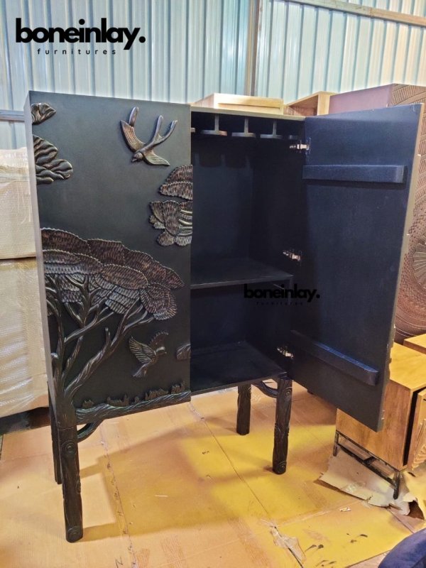 Hand Carved Black Wooden Bar Cabinet with Land & Sky Design - Modern Liquor Storage Furniture for Home, Office, or Restaurant Use