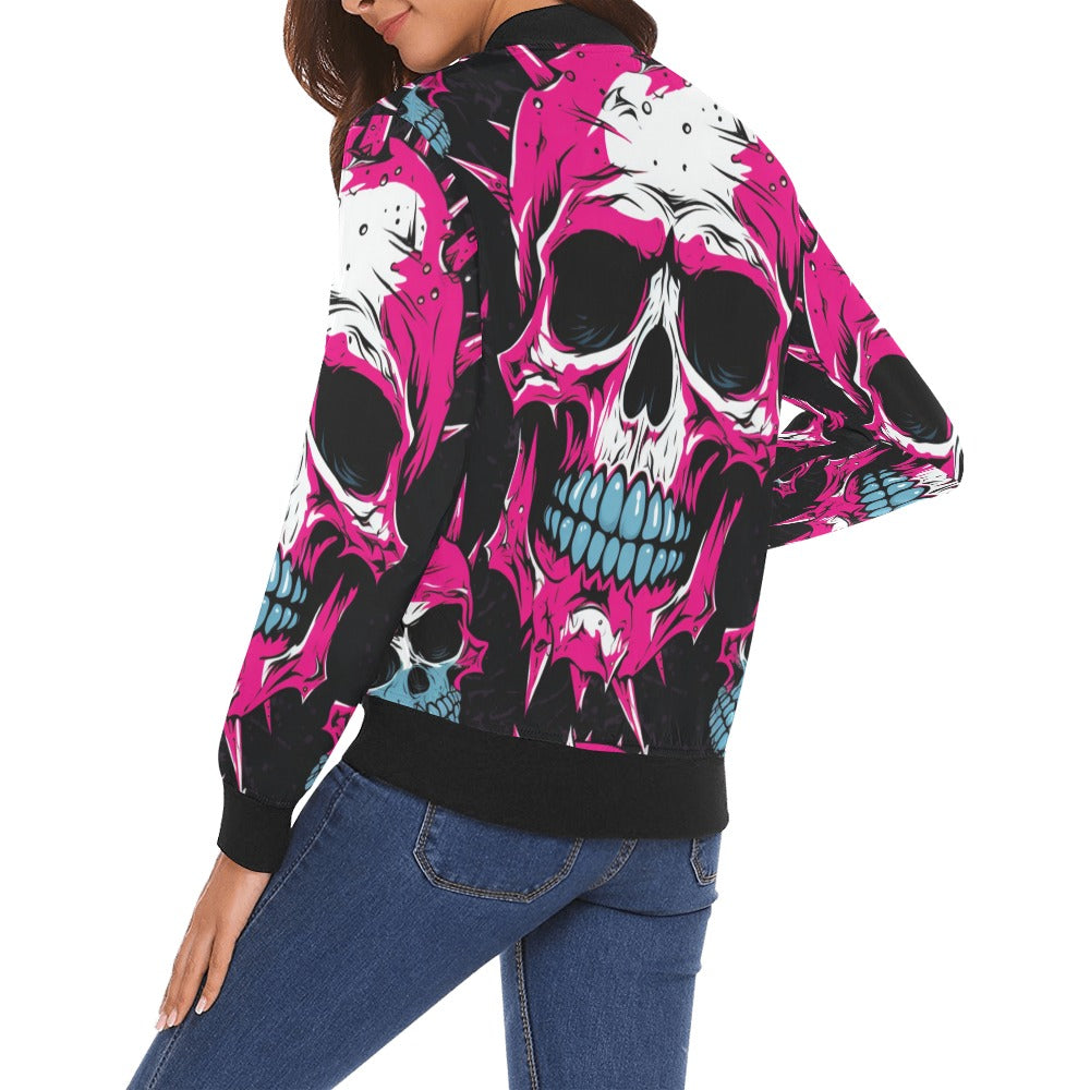 Punk Skull Bomber Jacket for Women - Edgy Pink Streetwear Coat with Skull Design | Perfect for Concerts, Halloween, and Urban Fashion Outfits