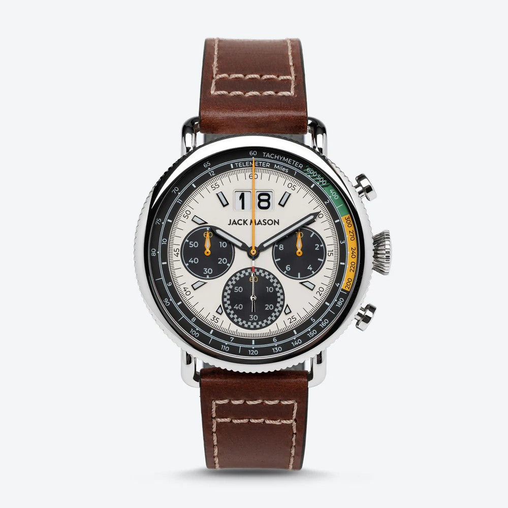 Avigator Sport Chronograph Watch for Men - Waterproof Analog Quartz Wristwatch with Date Display (Off White & Brown Leather Strap) - Perfect for Outdoor Activities, Sports & Casual Wear