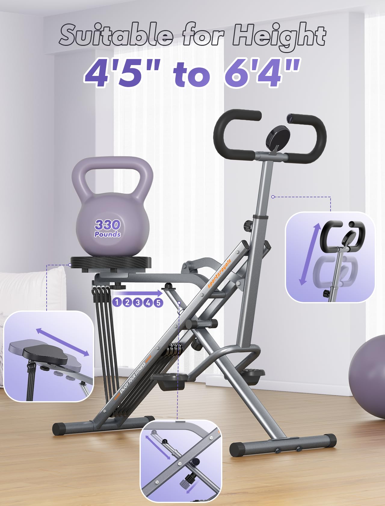 Sportsroyals Foldable Squat Machine for Home Gym - 330lbs Capacity, Adjustable 4 Resistance Bands, Rodeo Core Trainer for Glutes, Thighs & Abs - Perfect for Strength Training, Butt Lifting & Full Body Workout at Home