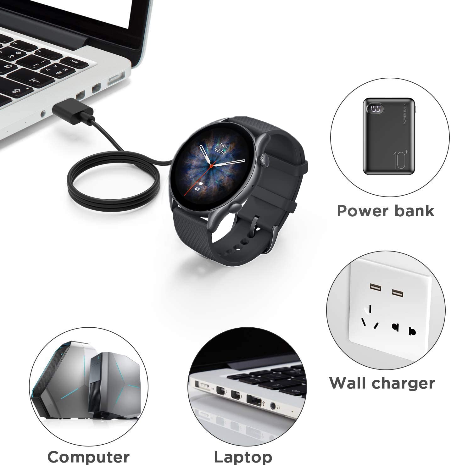 Amazfit T-Rex 2 Charger Replacement - 2 Pack USB Charging Cable for Amazfit GTR 3 Pro/GTR 3/GTS 3 Smartwatch (Black) - Perfect for Travel, Gym & Daily Charging Needs