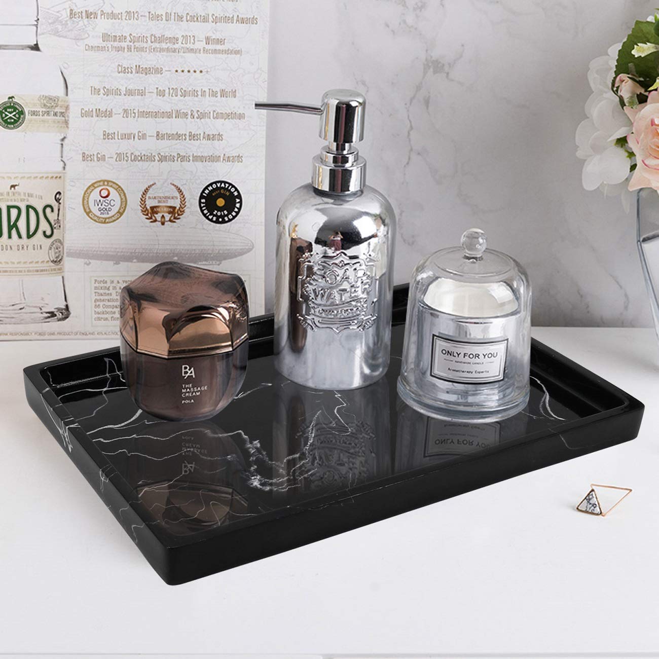 Jolitac Marble Bathroom Tray - Elegant Perfume & Jewelry Organizer with Key Holder, Perfect for Vanity, Dresser, and Countertop Decor | Stylish Display for Tissues, Candles, Soap & Towels in Bathroom, Bedroom or Living Room