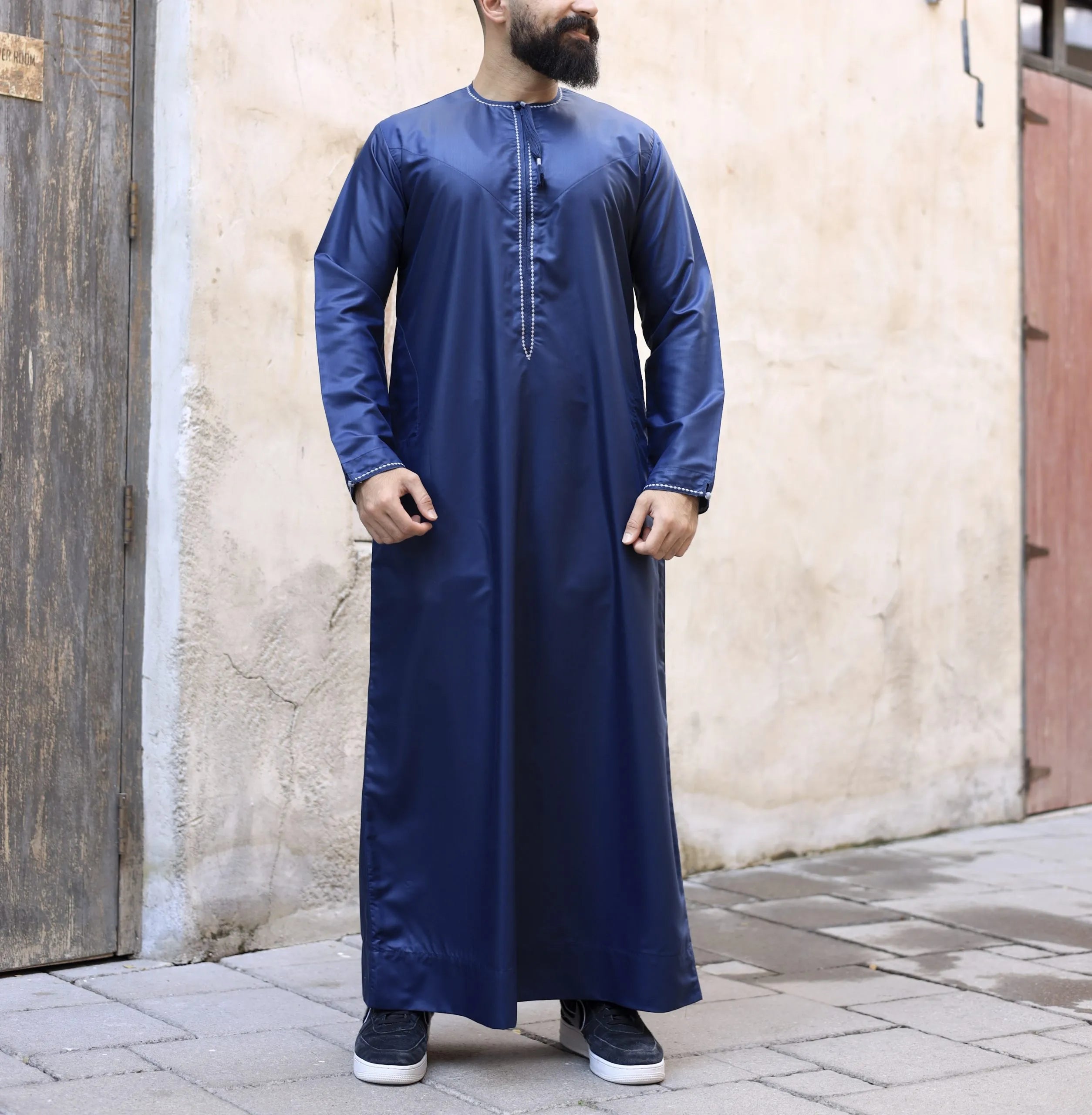 Embroidered Al Aniq Thobe for Men - Premium Islamic Jubbah in Blue - Perfect for Eid, Ramadan & Special Occasions