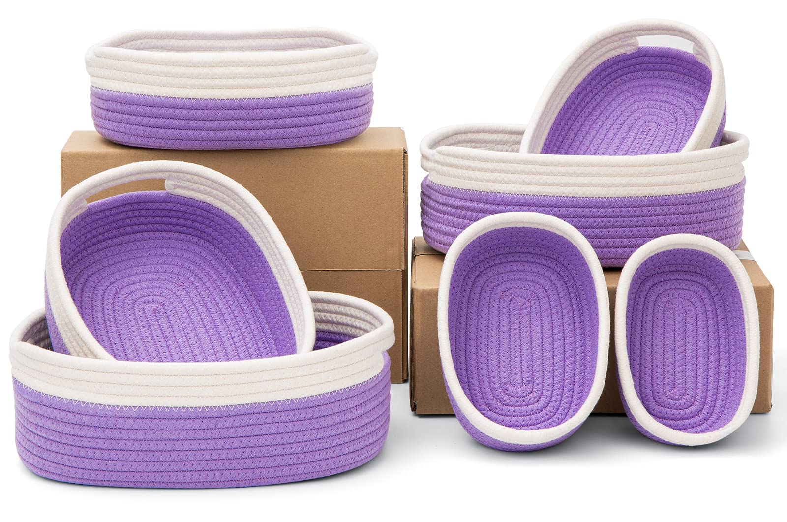 7-Piece Cotton Rope Woven Basket Set - Small Storage Baskets for Baby Nursery, Pet Toys, Montessori Organization | Perfect for Home Decor, Bathroom Storage & Cat/Dog Toy Boxes (White/Purple) - Ideal for Clutter-Free Living Spaces & Stylish Home Organization