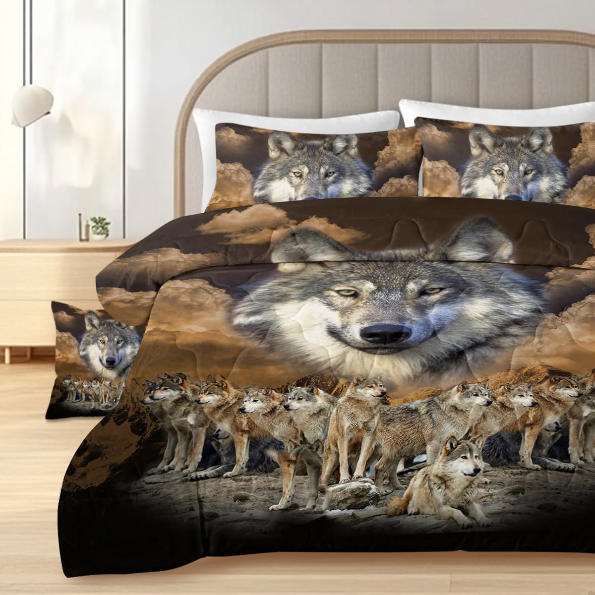 Sleepwish Gold Wolves Comforter Set - Twin Size 4-Piece Dark Clouds Wolf Leader Bedding with Comforter, Pillow Shams & Cushion Cover (King) - Perfect for Cozy Bedrooms, Wolf Lovers & Nature-Themed Decor