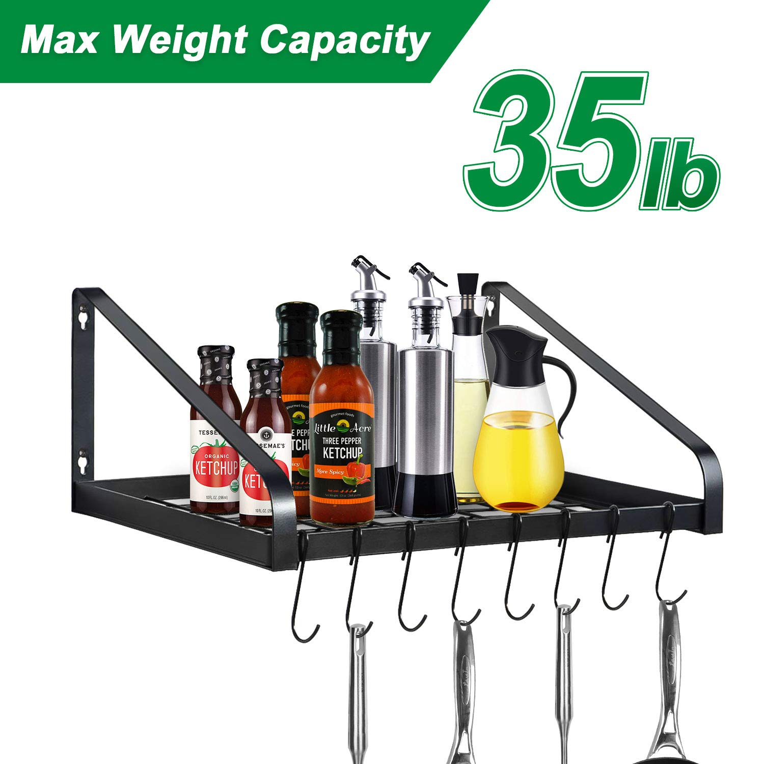 G-TING Wall Mounted Hanging Pot Rack - 8 Hook Kitchen Storage Shelf for Pans, Cookware & Utensils | Space Saving Organizer for Small Kitchens | Black (2 Installation Methods) - Perfect for Apartment, RV & Tiny Home Cooking Spaces