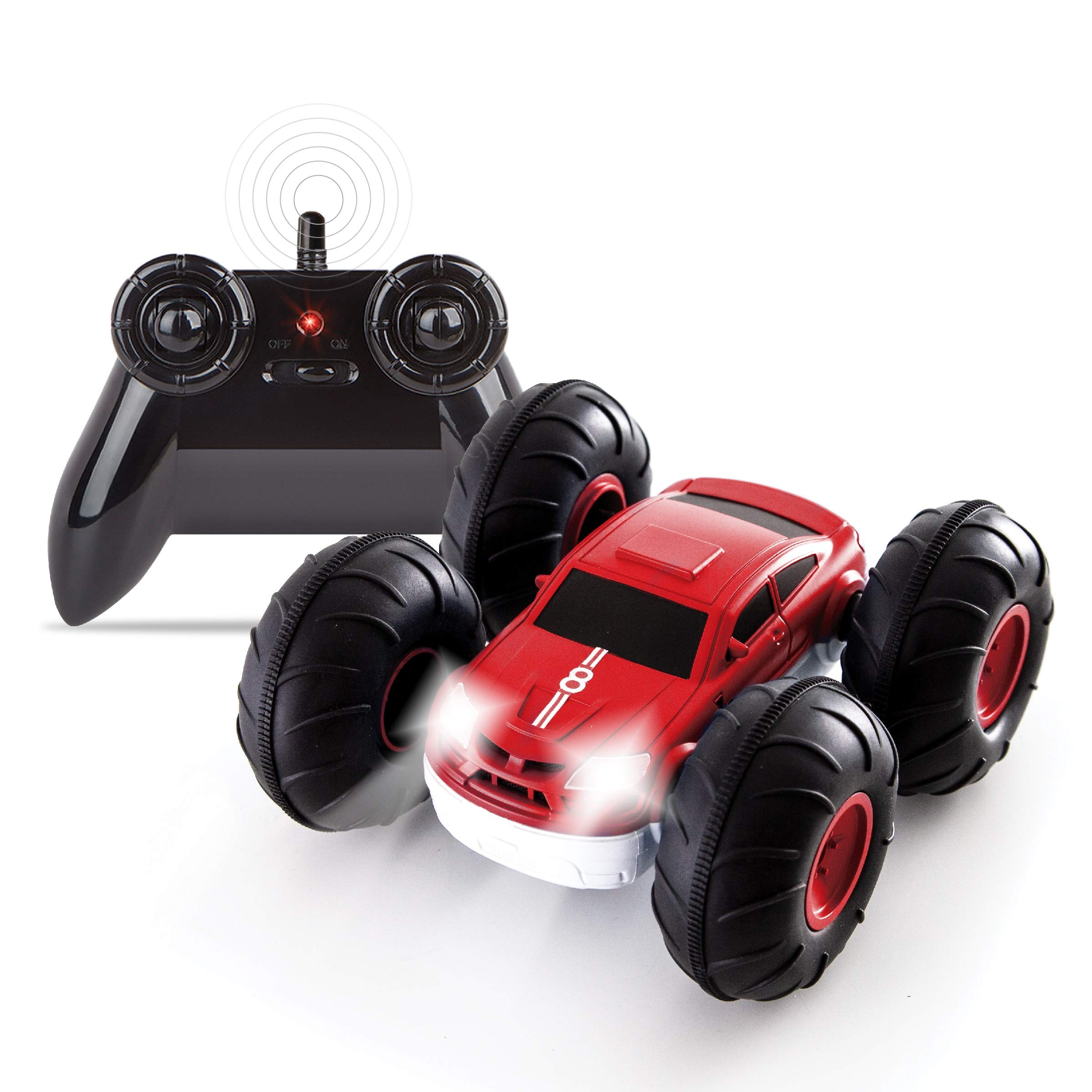 Sharper Image Remote Control RC Stunt Car Toy for Kids - 2-in-1 Reversible Design, LED Headlights, 49MHz Racing & Flip Tricks (AAA Battery Powered, Red/White) - Perfect for Indoor & Outdoor Play, Birthday Gifts & STEM Learning