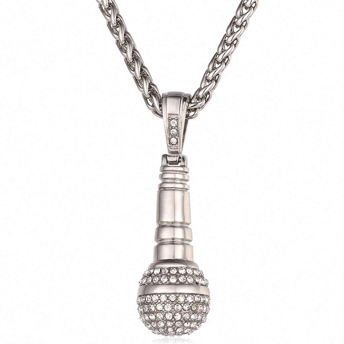 Stainless Steel Gold Rhinestone Microphone Pendant Ice Out Chain Necklace for Men & Women - Perfect for Concerts, Parties & Hip Hop Fashion