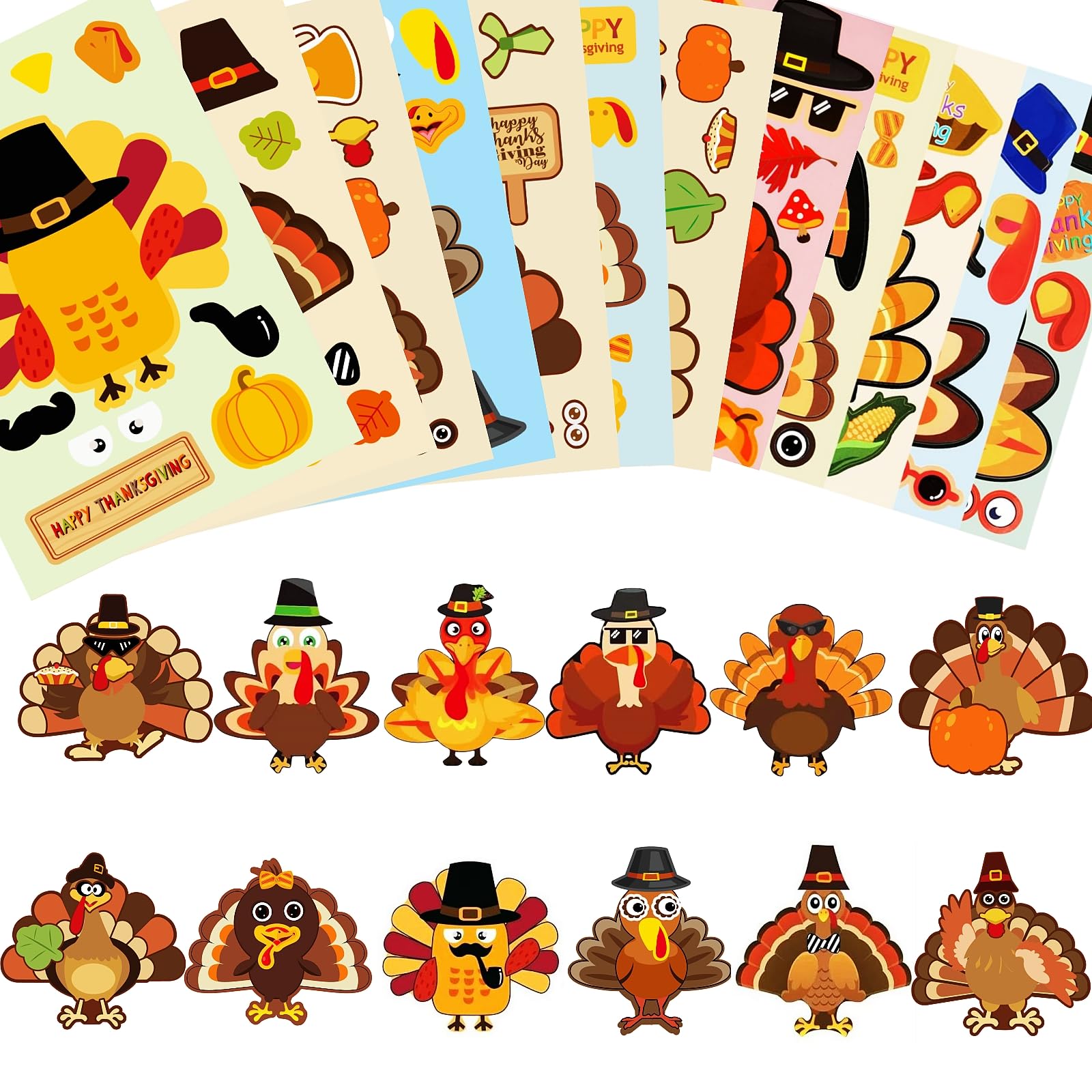 36 Sheets Thanksgiving Stickers (12 Unique Designs) - DIY Turkey Crafts for Kids, Fall Party Supplies | Perfect for Classroom Activities, Holiday Decorations & Family Thanksgiving Games