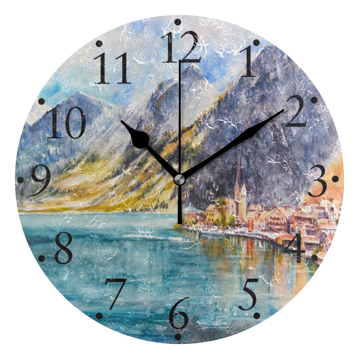 BECCI Watercolor Mountain Village Lake Wall Clock - Battery Operated Silent Non-Ticking Round Clock with Sweep Movement - Modern Home Decor for Kitchen, Living Room, Bedroom & Bathroom - Perfect for Farmhouse, Cottage & Rustic Interior Design