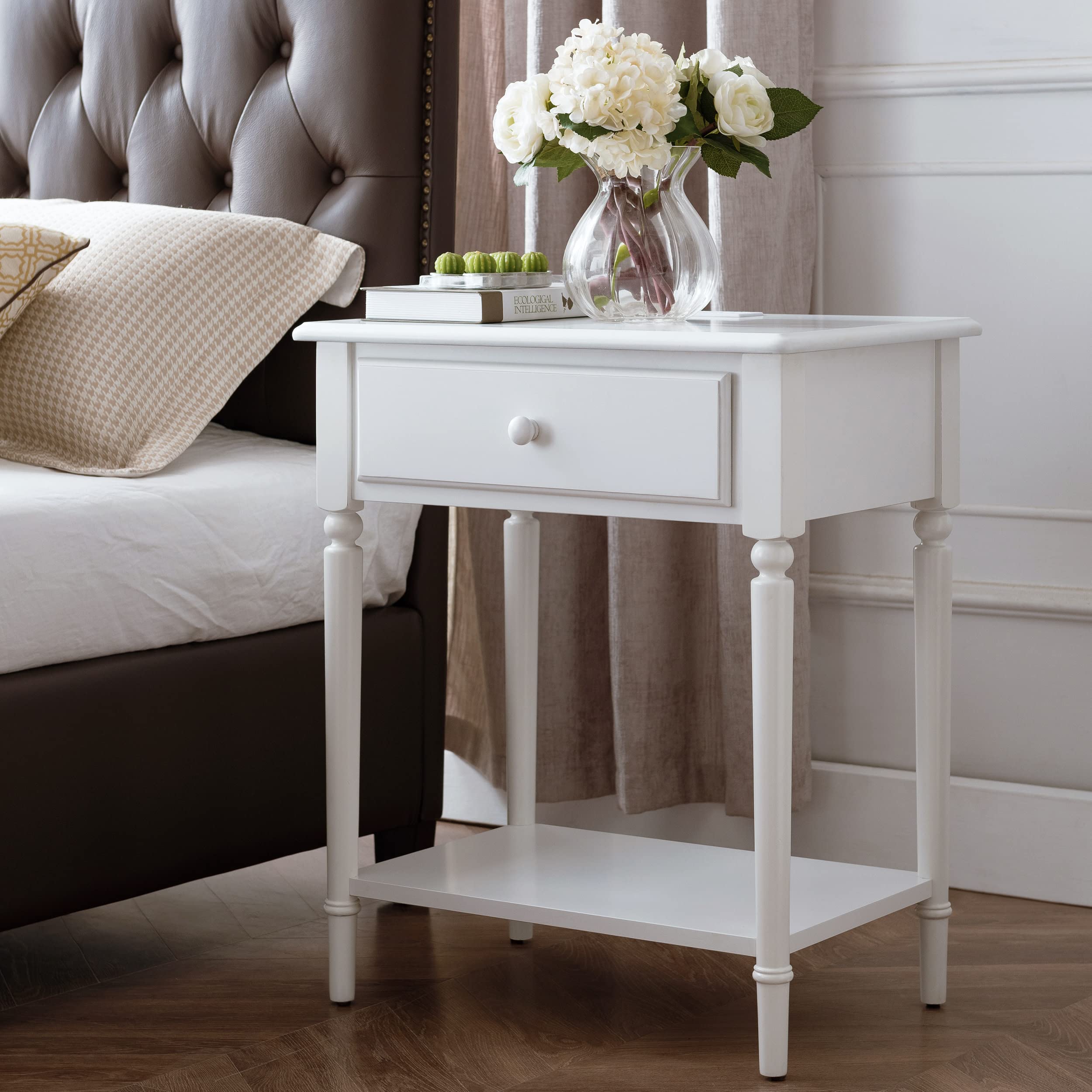 Coastal Style USB-C Fast Charging Side Table - Solid Wood Nightstand in Orchid White for Bedroom, Living Room & Small Spaces | Leick Home 20022-WT | Perfect for Charging Devices by Bed or Sofa