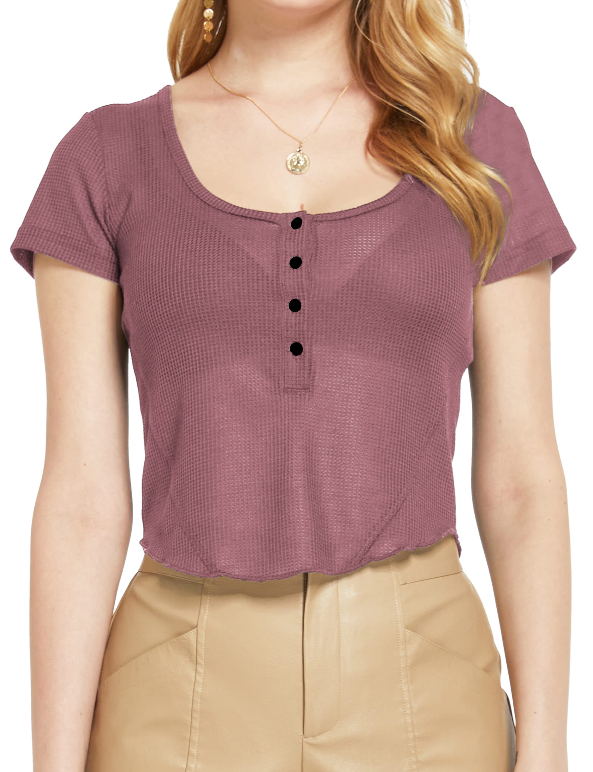 Women's SSLR Crop Tops - Short Sleeve Scoop Neck Waffle Ribbed T-Shirts | Cute & Sexy Summer Henley Tops for Casual Wear, Beach Outfits & Date Nights