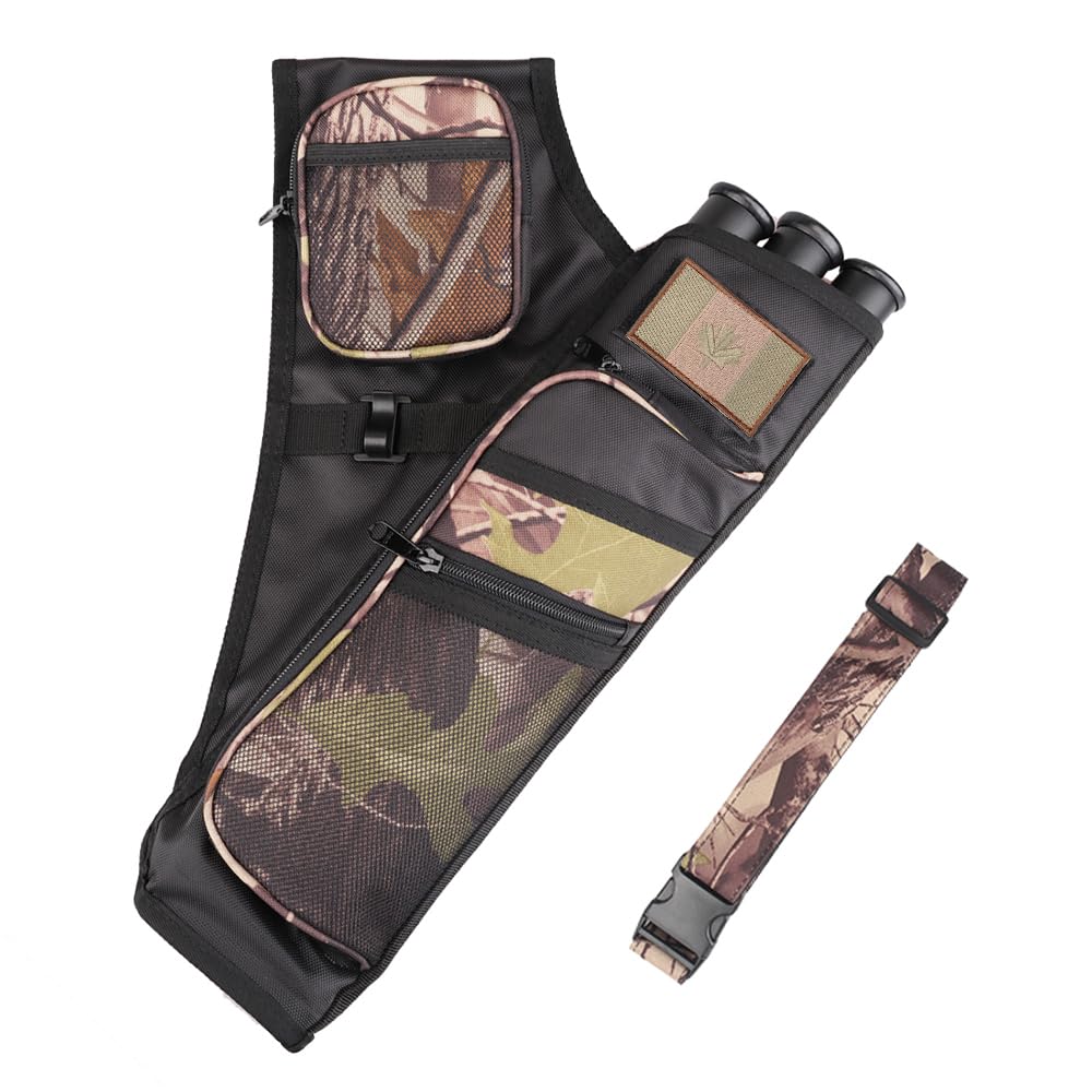 KRATARC 3-Tube Adjustable Waist Quiver for Archery - Camouflage Hip Arrow Holder with Pockets & Belt - Perfect for Hunting, Target Practice & Outdoor Sports (Camo)