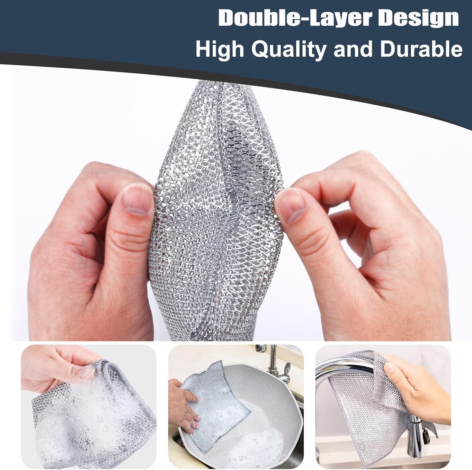 Feelon Non-Scratch Wire Dishcloth & Gap Cleaning Brush - Double-Layer Reusable Dishwashing Pads for Wet & Dry Cleaning - Easy Rinse Kitchen Scrubber for Sinks, Pots, Pans (5 Pack) - Perfect for Tough Grease, Stubborn Stains & Hard-to-Reach Areas
