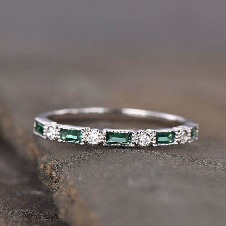 Emerald Wedding Band - Half Eternity Ring Art Deco Style Stackable Sterling Silver Rose Gold Plated Milgrain Ring for Women - Perfect for Anniversary, Engagement & Stacking Jewelry