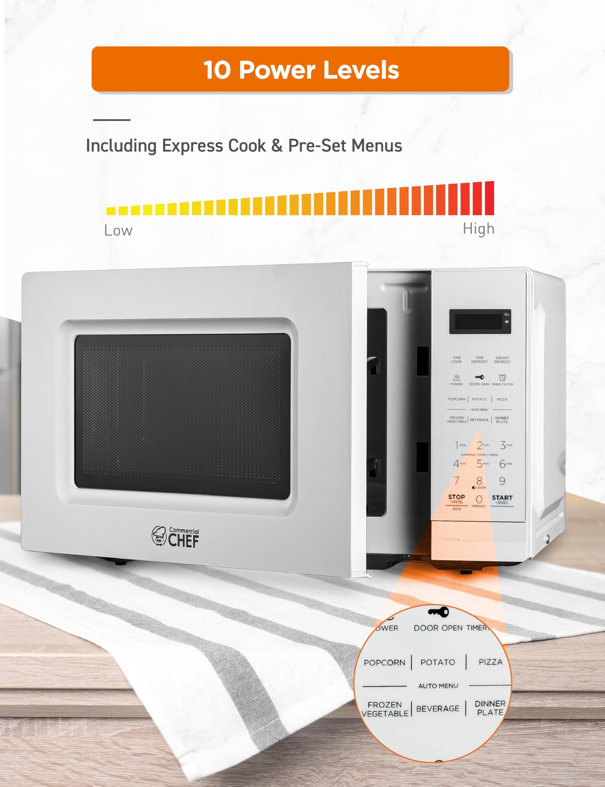 Commercial Chef 0.7 Cu Ft Countertop Microwave Oven - 700W with 10 Power Levels, Digital Display & Child Safety Lock - Perfect for Dorms, Offices & Small Kitchens - White