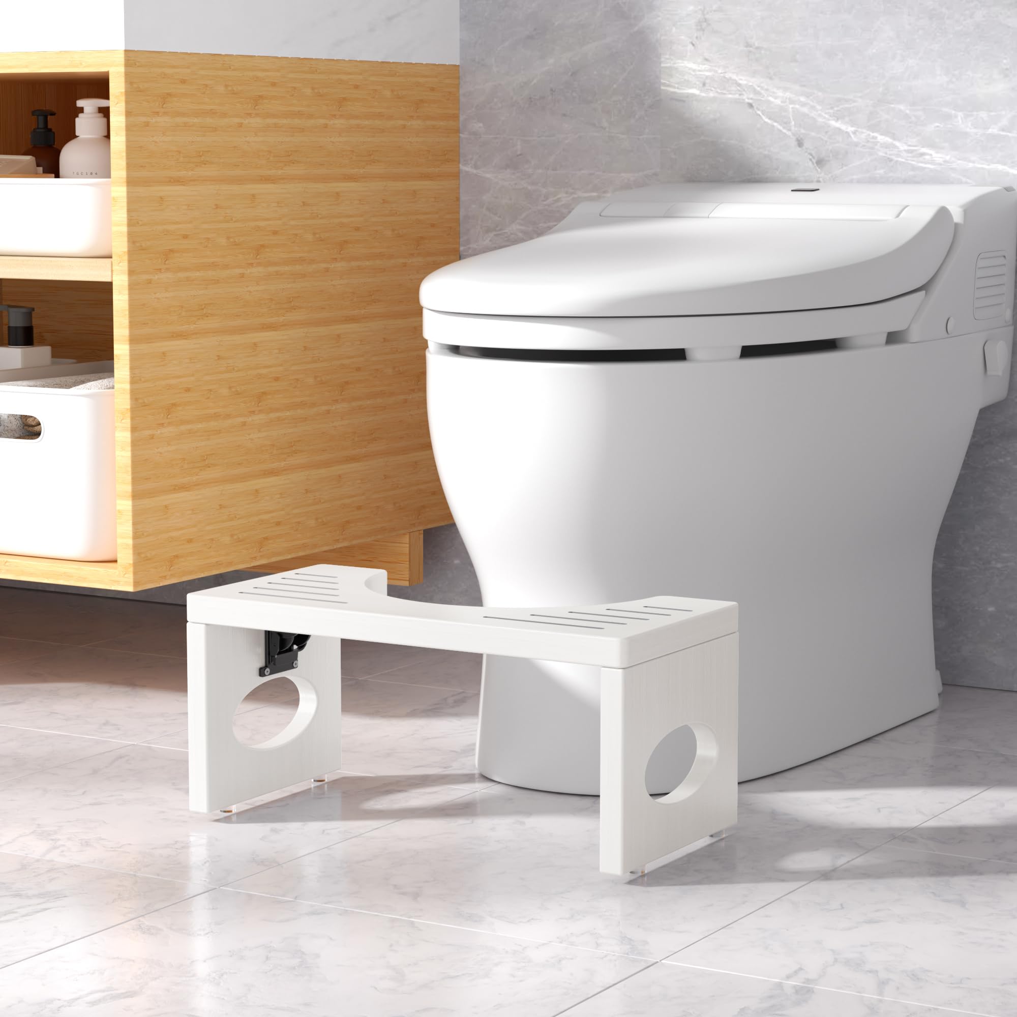 7 Inch Foldable Bamboo Toilet Stool - Ergonomic Squatting Step Stool for Bathroom, Natural White - Perfect for Constipation Relief & Healthy Bowel Movement