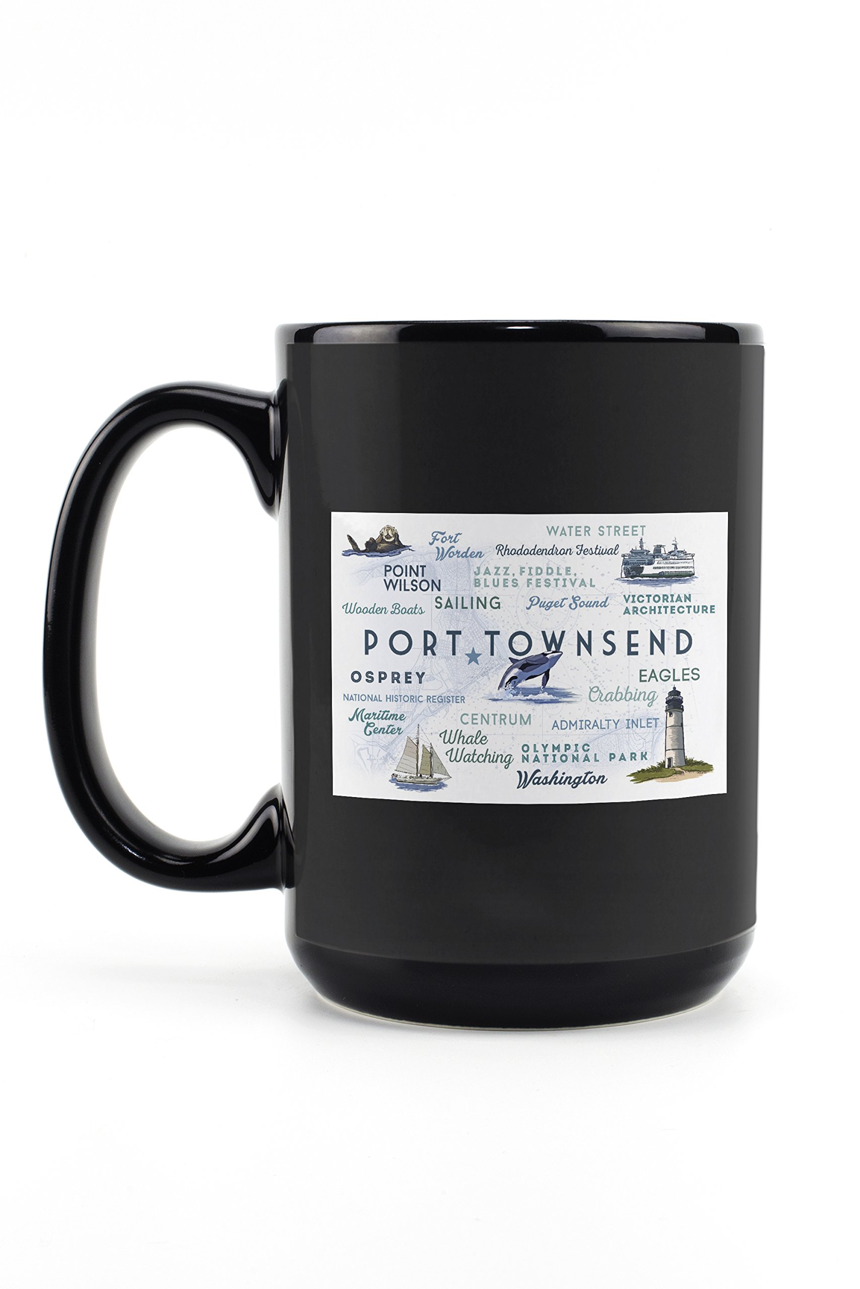 Lantern Press Port Townsend Washington Typography & Icons 15oz Black Ceramic Coffee Mug - Microwave & Dishwasher Safe - Perfect for Home, Office & Gift Giving