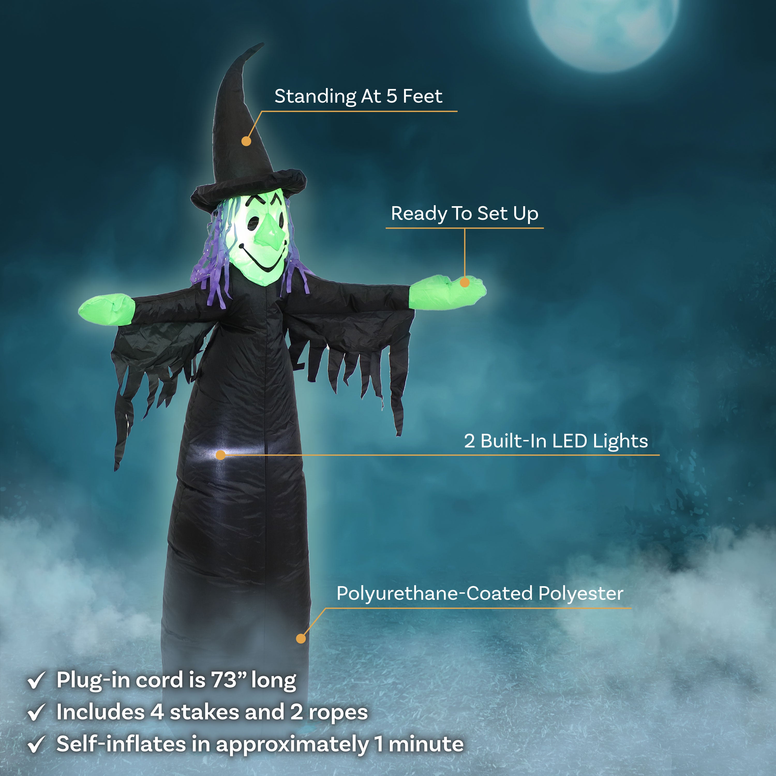 5' H Sunnydaze Wendolyn the Wicked Witch Halloween Inflatable Decoration - Spooky Yard Decor for Halloween Party & Outdoor Decorations