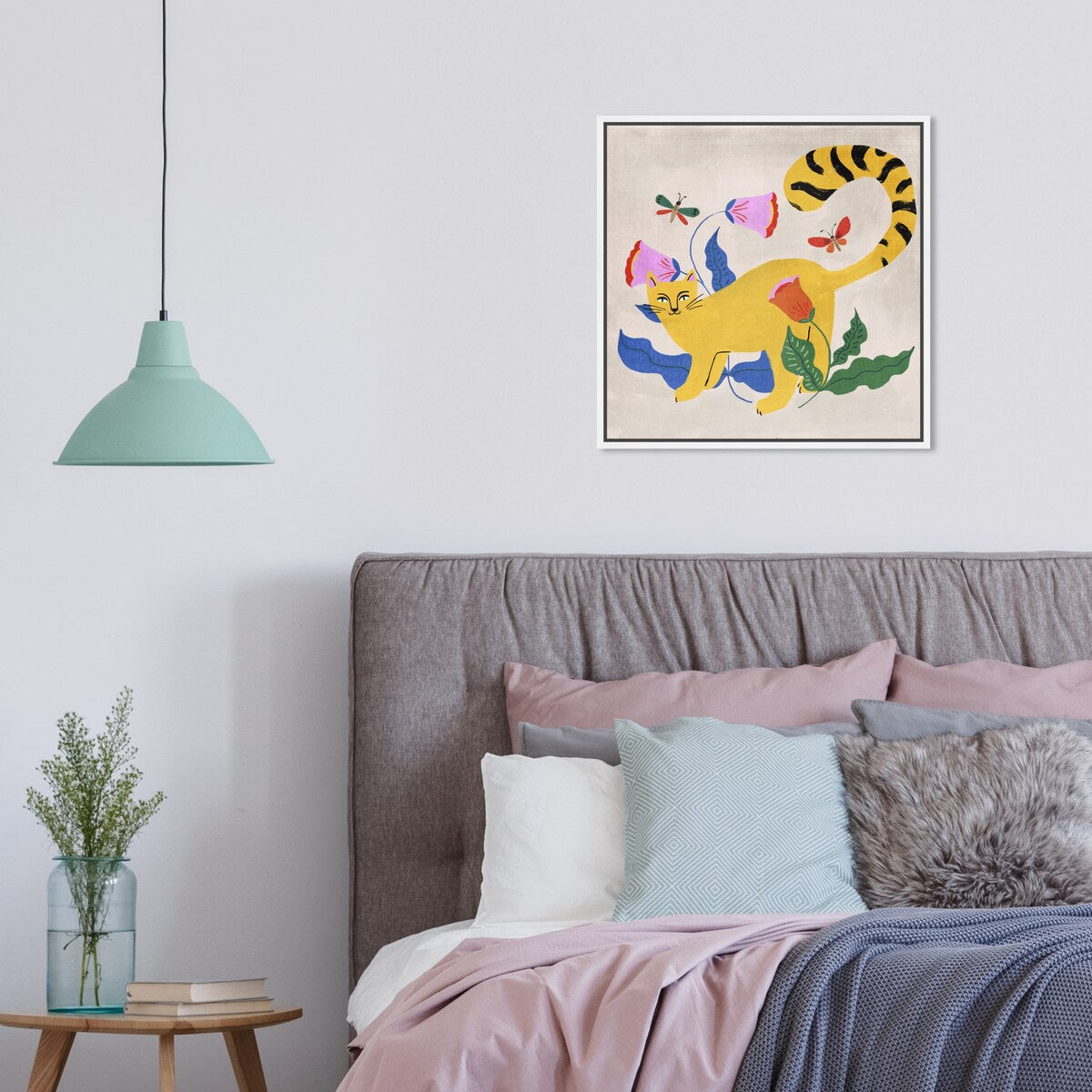 Blonde Tabby Floral Kitten Butterfly Garden Modern Yellow Framed Canvas Wall Art Print - Home Decor for Bedroom, Living Room & Nursery