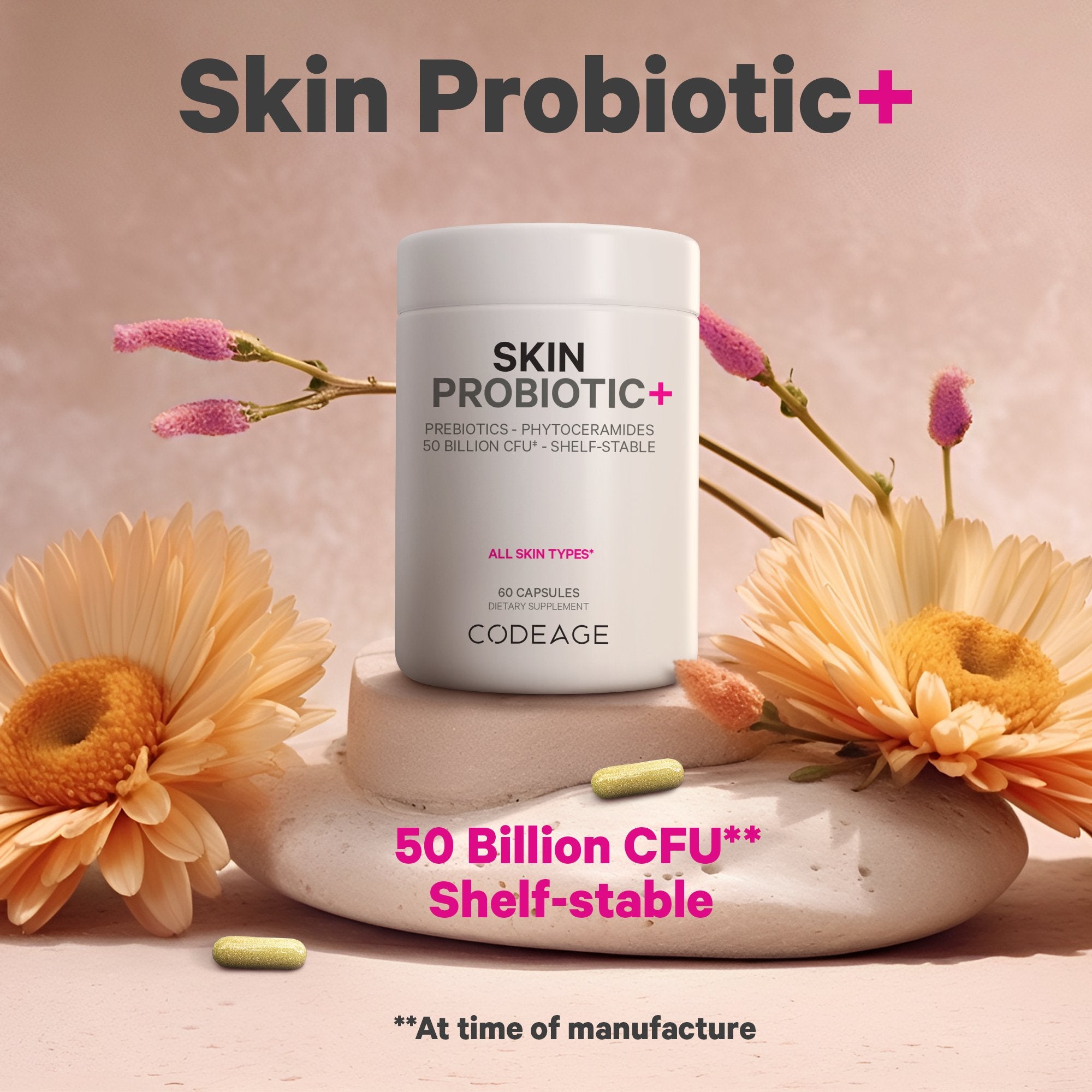 Codeage Skin Probiotics 50 Billion CFU with Prebiotics - Supports Gut Health & Clear Skin for Women & Men | Daily Digestive & Immune System Supplement