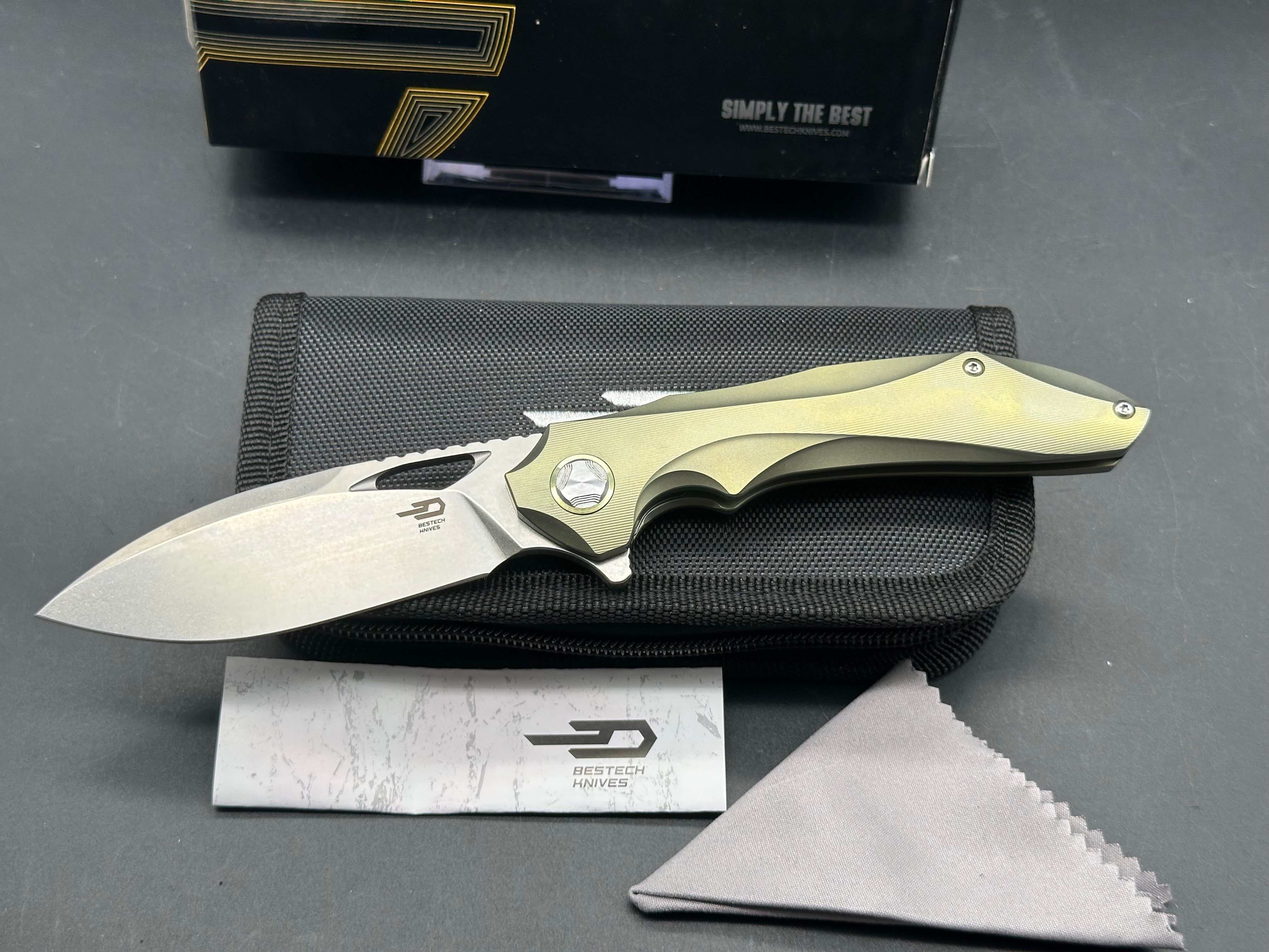 Premium Bestech Eskra Folding Knife - Bohler M390 Stonewashed Blade, Gold Titanium Handle for Outdoor Camping, Hunting & EDC