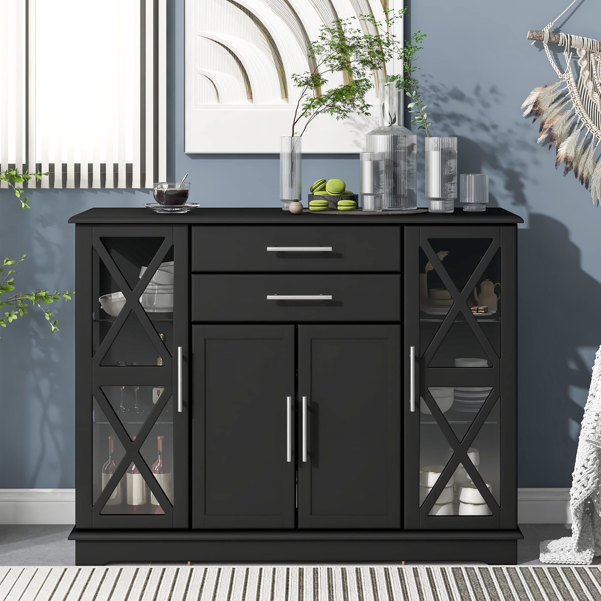 Modern Wood Console Table with Tempered Glass Top, Adjustable Shelves & 2 Drawers - Storage Sideboard Cabinet for Living Room, Bedroom, Entryway - Perfect for Hallway Decor, TV Stand & Bathroom Storage (Black, Medium Size)