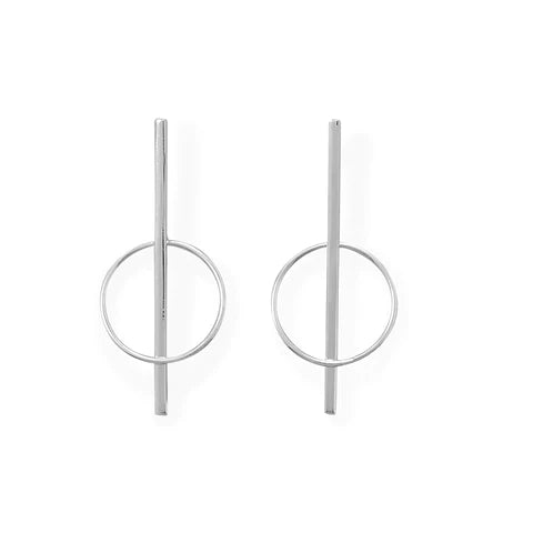 Sterling Silver Long Bar with Circle Post Earrings for Women - Minimalist Dainty Jewelry - Perfect for Everyday Wear, Office & Date Night