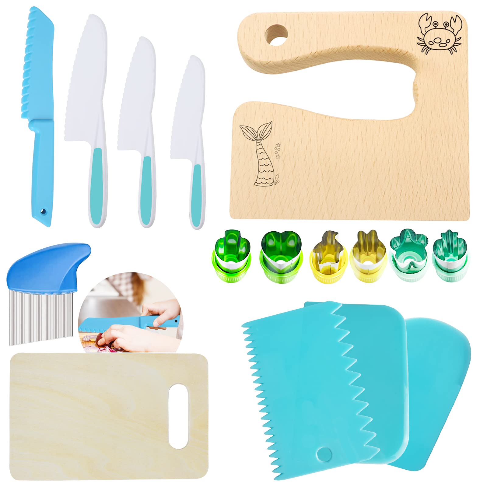 KOLODOGO 16-Piece Wooden Kids Kitchen Playset - Safe Wooden Knives, Potato Slicers, Cake Scraper & Cutting Board for Toddlers - Pretend Play & Learning Toy for Preschoolers - Perfect for Montessori & Role-Playing Games