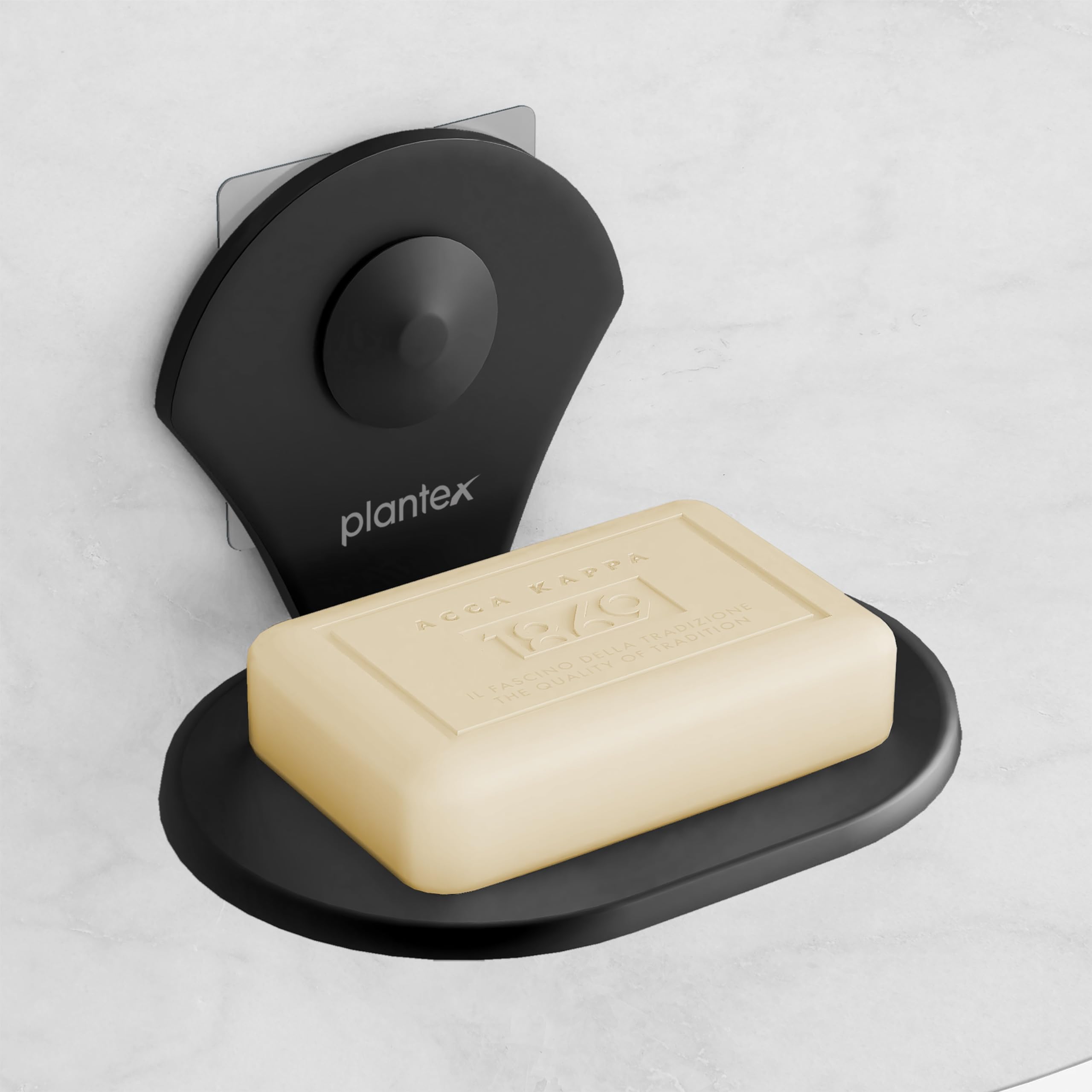 Plantex Royal Self-Adhesive Stainless Steel Soap Dish - Rustproof Bathroom Soap Holder with Strong Adhesive, Powder Coated Black for Shower, Kitchen Sink & Vanity Organizer